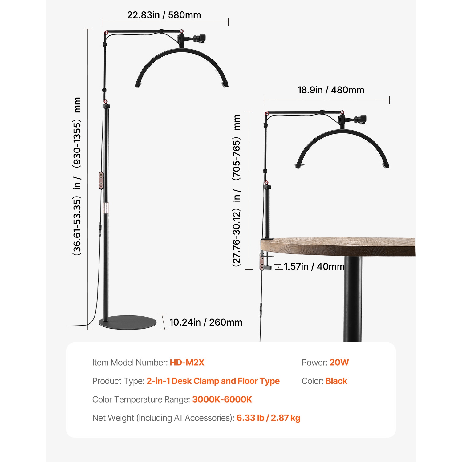 Lampe demi-lune VEVOR pour Esthéticien, lampe de plancher et de bureau 2 en 1 LED pour rallonges de cils, lampe de cils arquée avec support de