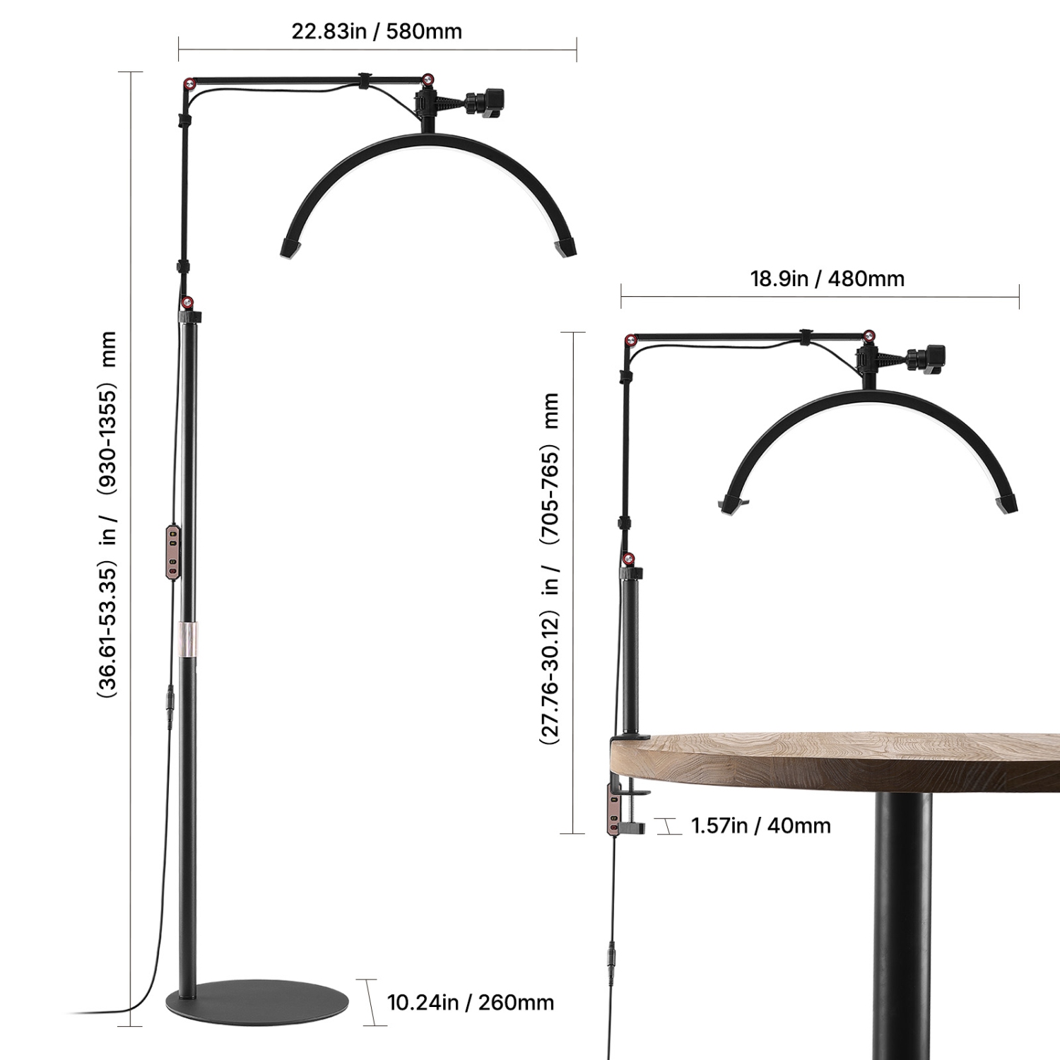 Lampe demi-lune VEVOR pour Esthéticien, lampe de plancher et de bureau 2 en 1 LED pour rallonges de cils, lampe de cils arquée avec support de