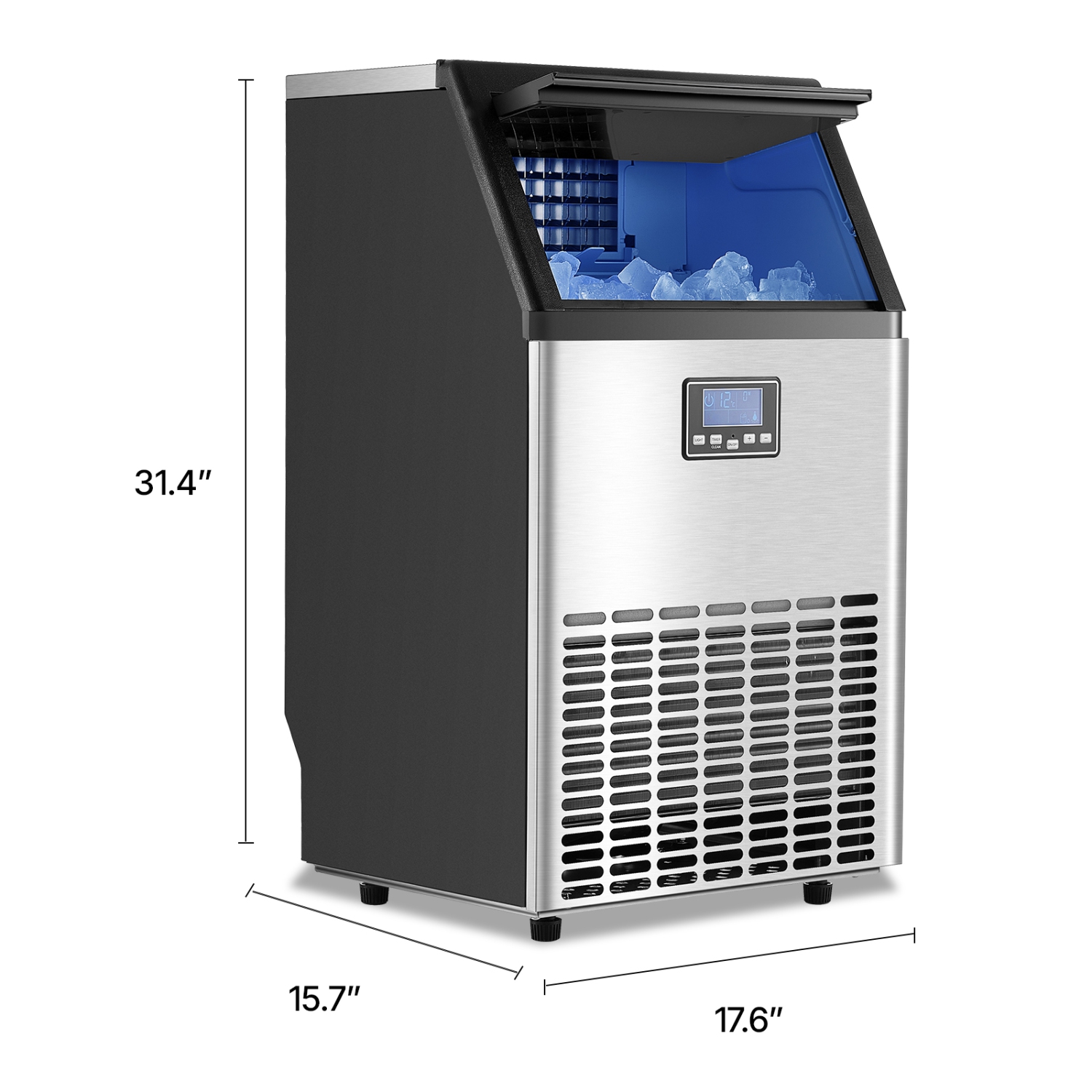 Machine à glaçons commerciale VEVOR 100&nbsp;lb/24H, capacité de stockage 33&nbsp;lb, 45 cubes de glace en 15 minutes, LED écran numérique