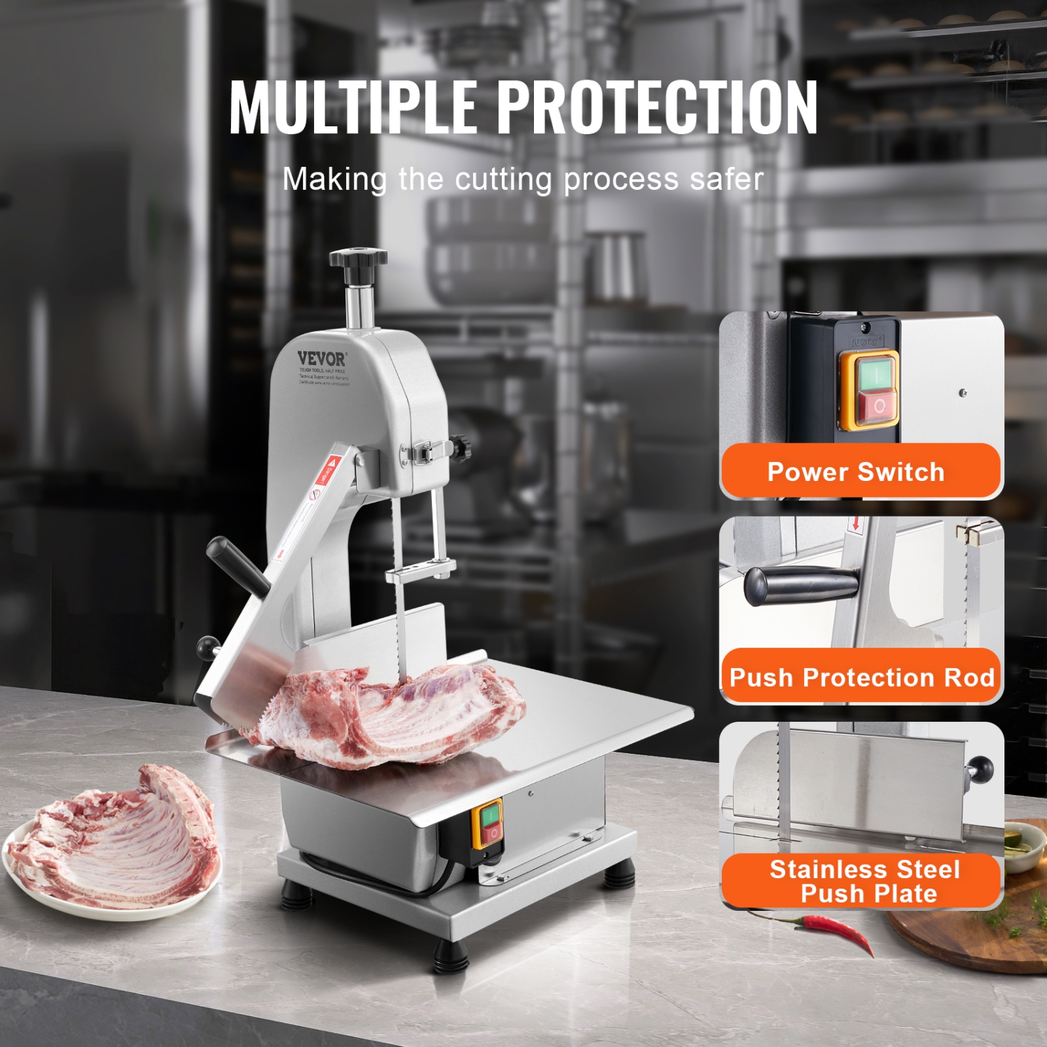 VEVOR 650W Commercial Electric Meat Bandsaw, Stainless Steel Meat Sawing Machine, Workbench 12.4" x 18.1", 4.33 Inch Max Cutting Thickness, Frozen