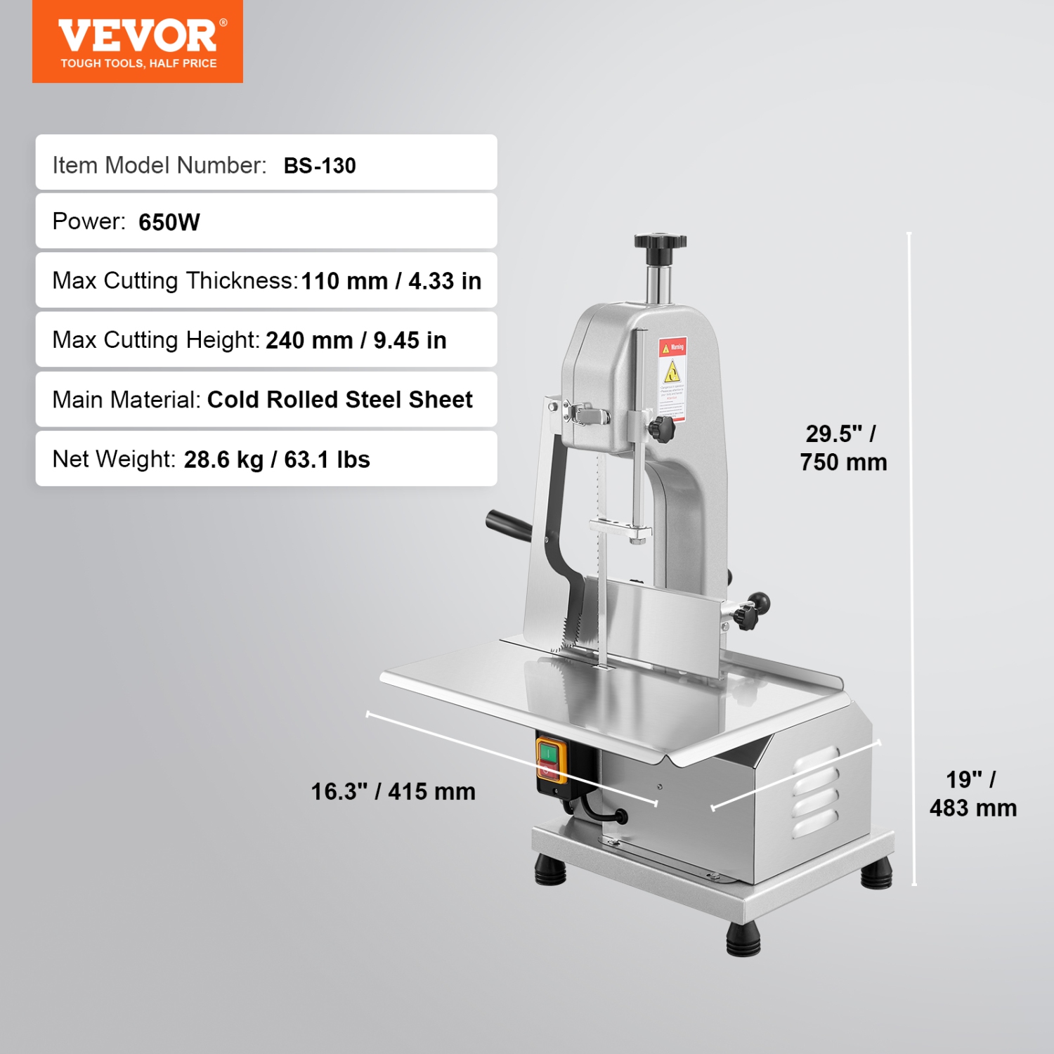 VEVOR 650W Commercial Electric Meat Bandsaw, Stainless Steel Meat Sawing Machine, Workbench 12.4" x 18.1", 4.33 Inch Max Cutting Thickness, Frozen