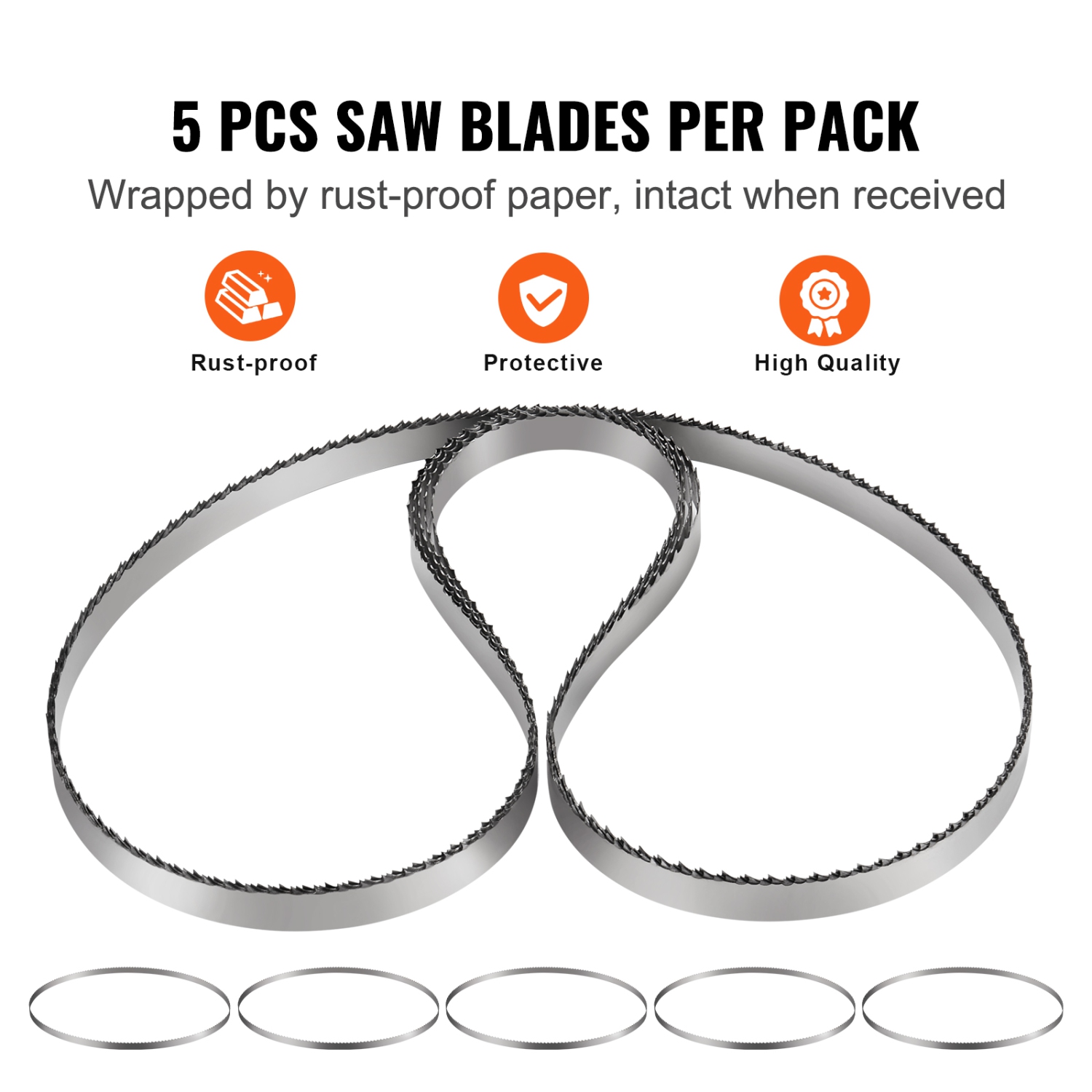 VEVOR 51.2x0.63x0.02 in Band Saw Blade, 5 PCS/Pack Meat Bandsaw Blades for Replacement, Carbon Steel Blade, Blade Wrapped by Rust-Proof Paper, Fit
