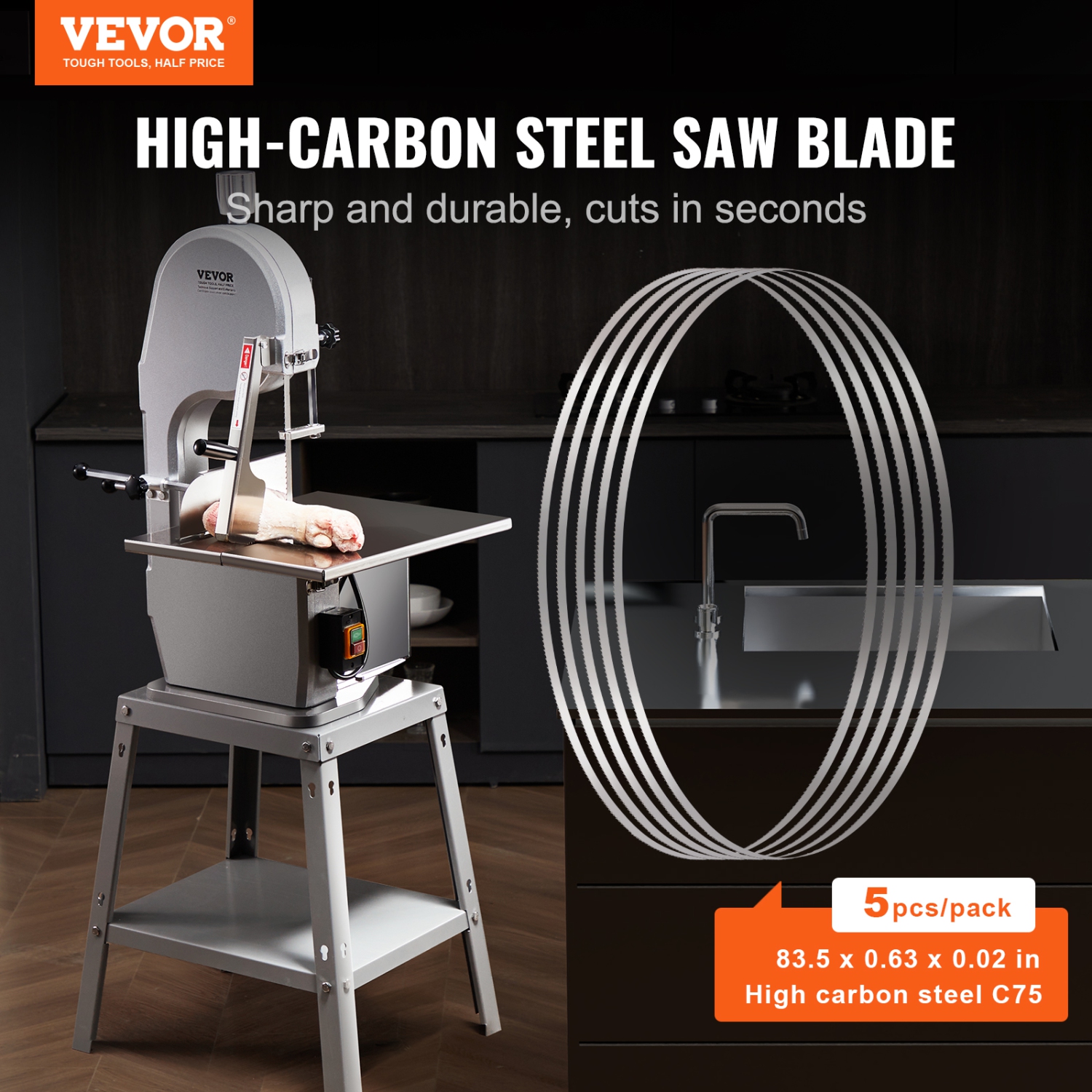 VEVOR 83.5x0.63x0.02 in Band Saw Blade, 5 PCS/Pack Meat Bandsaw Blades for Replacement, Carbon Steel Blade, Blade Wrapped by Rust-Proof Paper, Fit