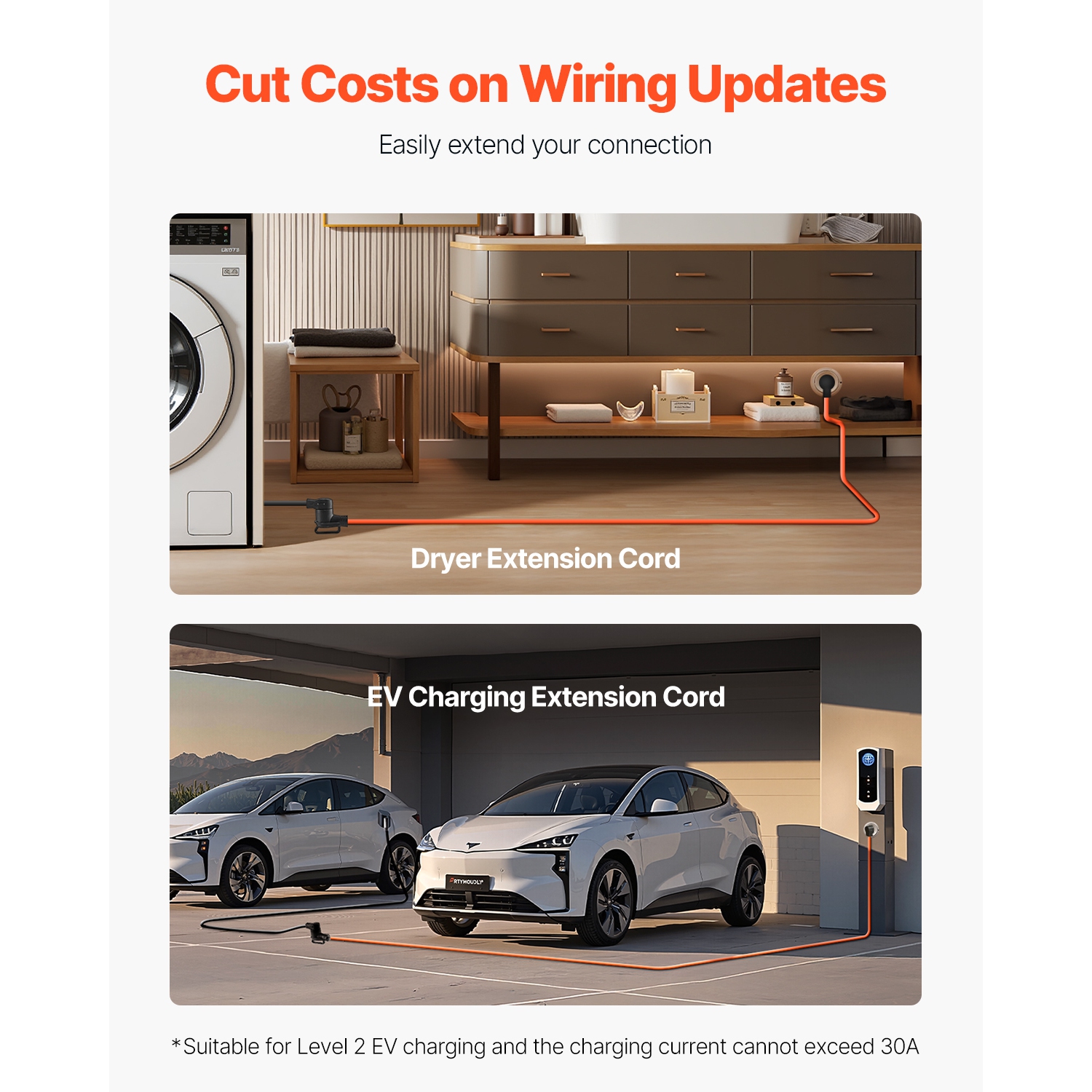 Rallonge de sécheuse 25 pi de VEVOR, cordon de sécheuse NEMA 14-30P à 14-30R à 4 broches, 125 V/250 V, STW 10AWG/4C, 30 A, câble