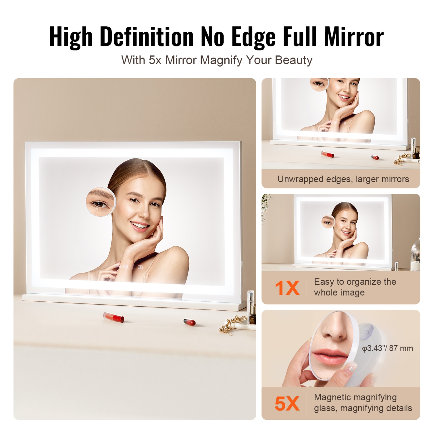VEVOR 31.5x21.7in Large Vanity Mirror with Lights and Bluetooth Speaker, Three Color Lighting Modes, Lighted Makeup LED Mirror,5X