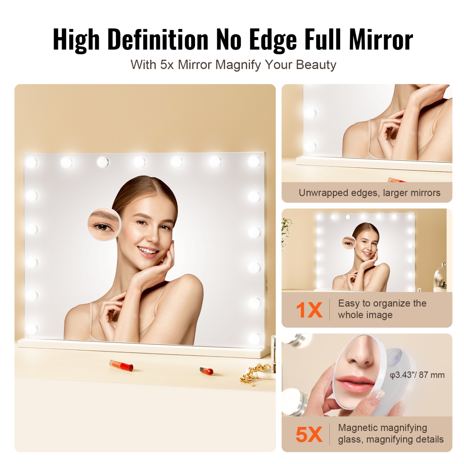 VEVOR 31.5x23.6in Hollywood Vanity Mirror With Lights,Dimmable Bulbs &3 Color Lighting Modes, Makeup Mirror w/ Detachable 5X Magnification,USB