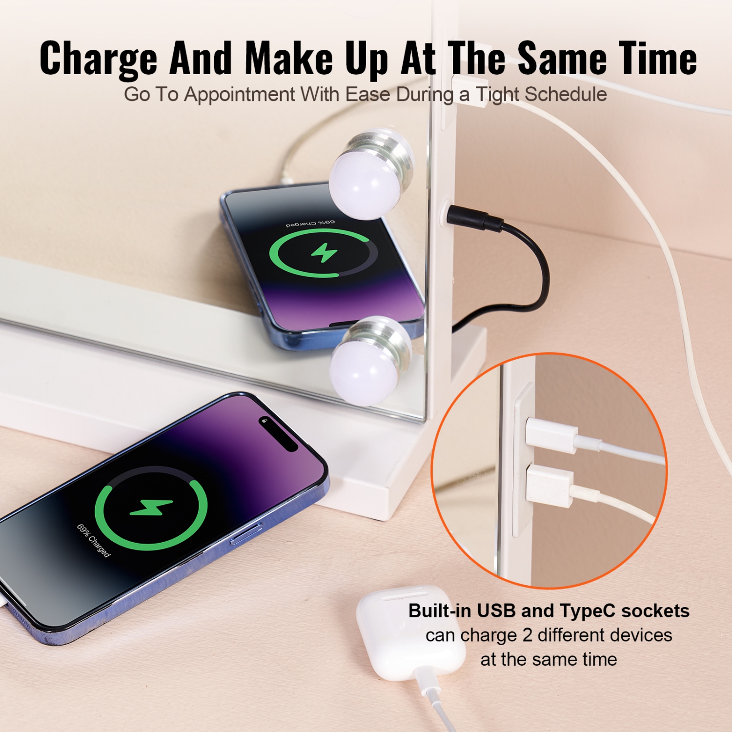 VEVOR 31.5x23.6in Hollywood Vanity Mirror With Lights,Dimmable Bulbs &3 Color Lighting Modes, Makeup Mirror w/ Detachable 5X Magnification,USB