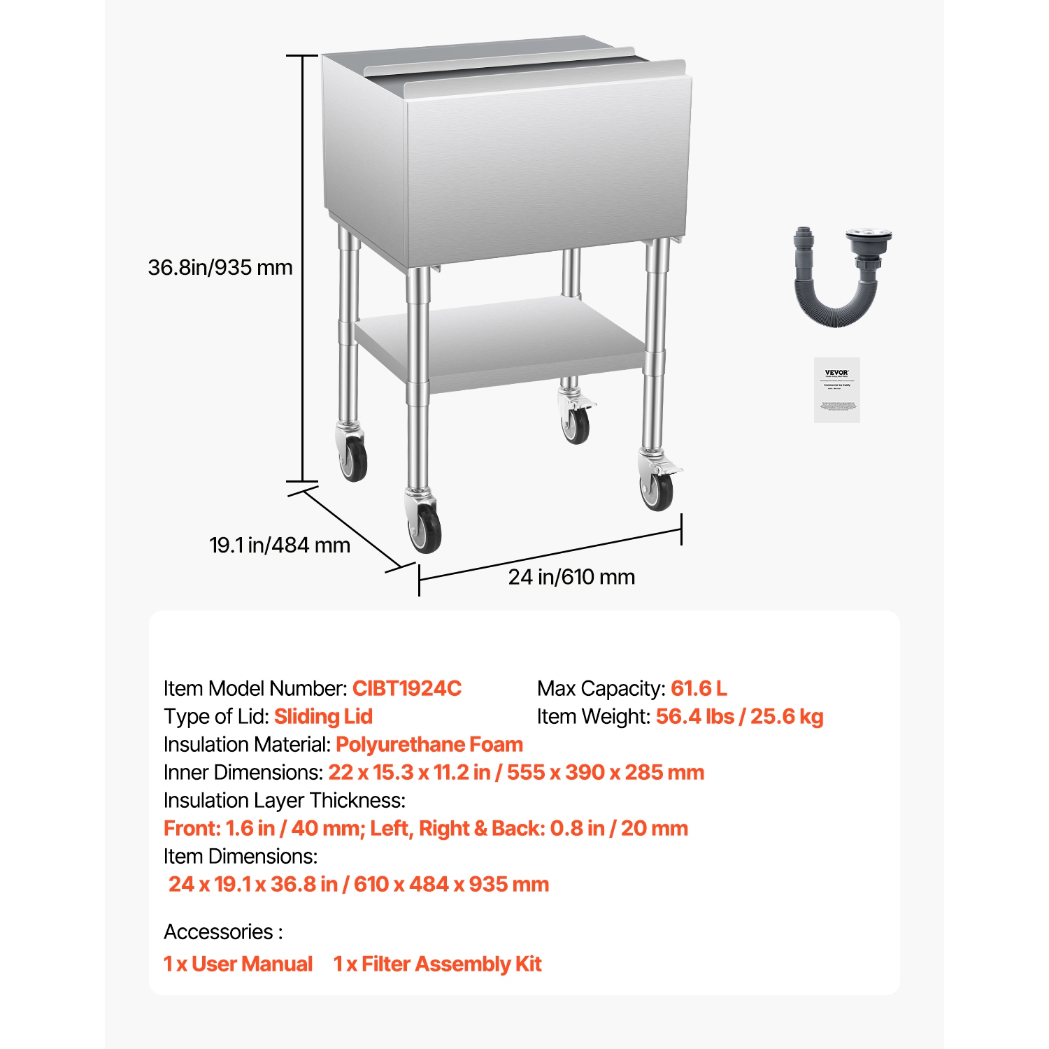 VEVOR 61.6L Commercial Ice Bin, Rolling Ice Chest, 24 x 19.1 x 36.8 in Stainless Steel, with Sliding Lid, Bottom Storage Tray, Adjustable Bullet