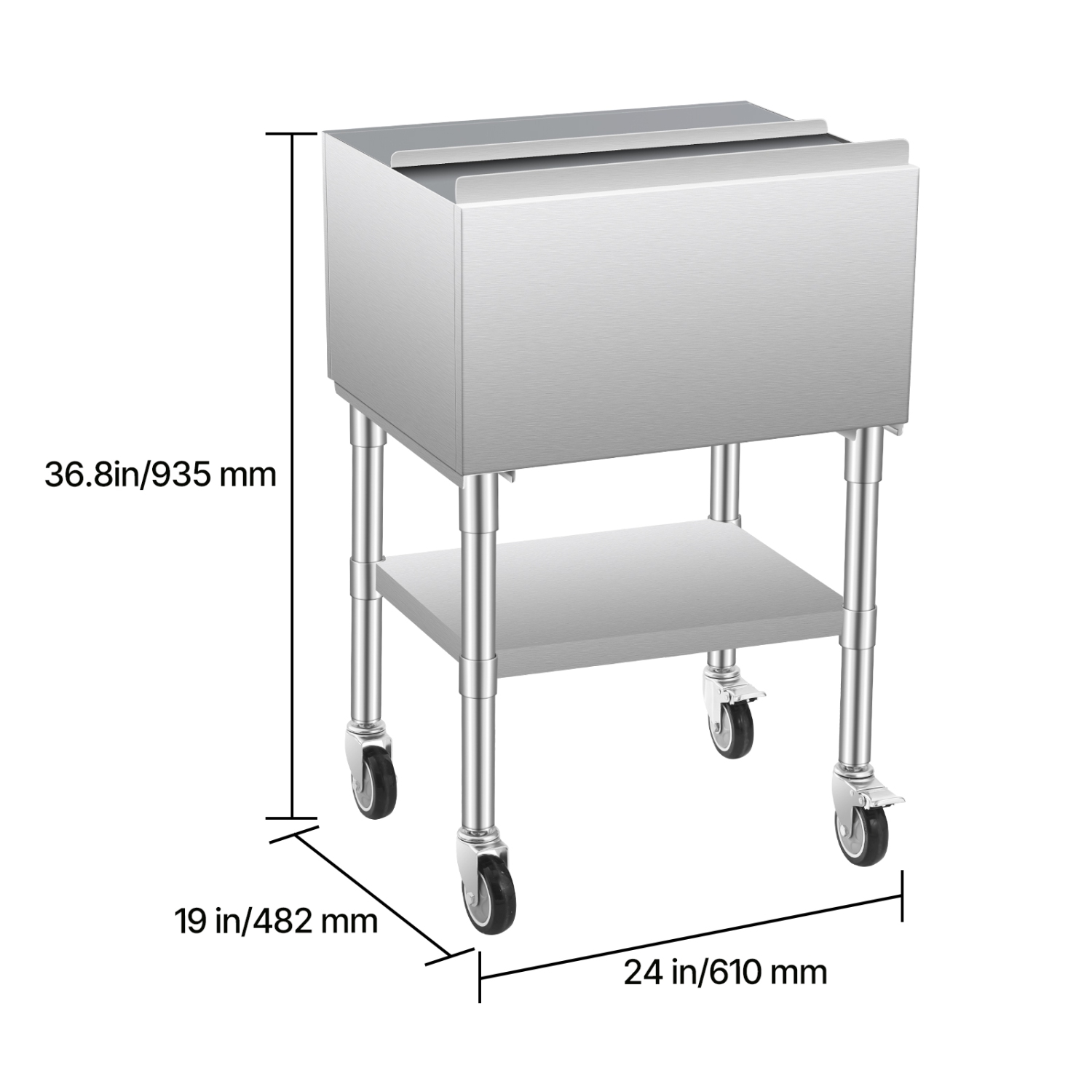 VEVOR 61.6L Commercial Ice Bin, Rolling Ice Chest, 24 x 19.1 x 36.8 in Stainless Steel, with Sliding Lid, Bottom Storage Tray, Adjustable Bullet