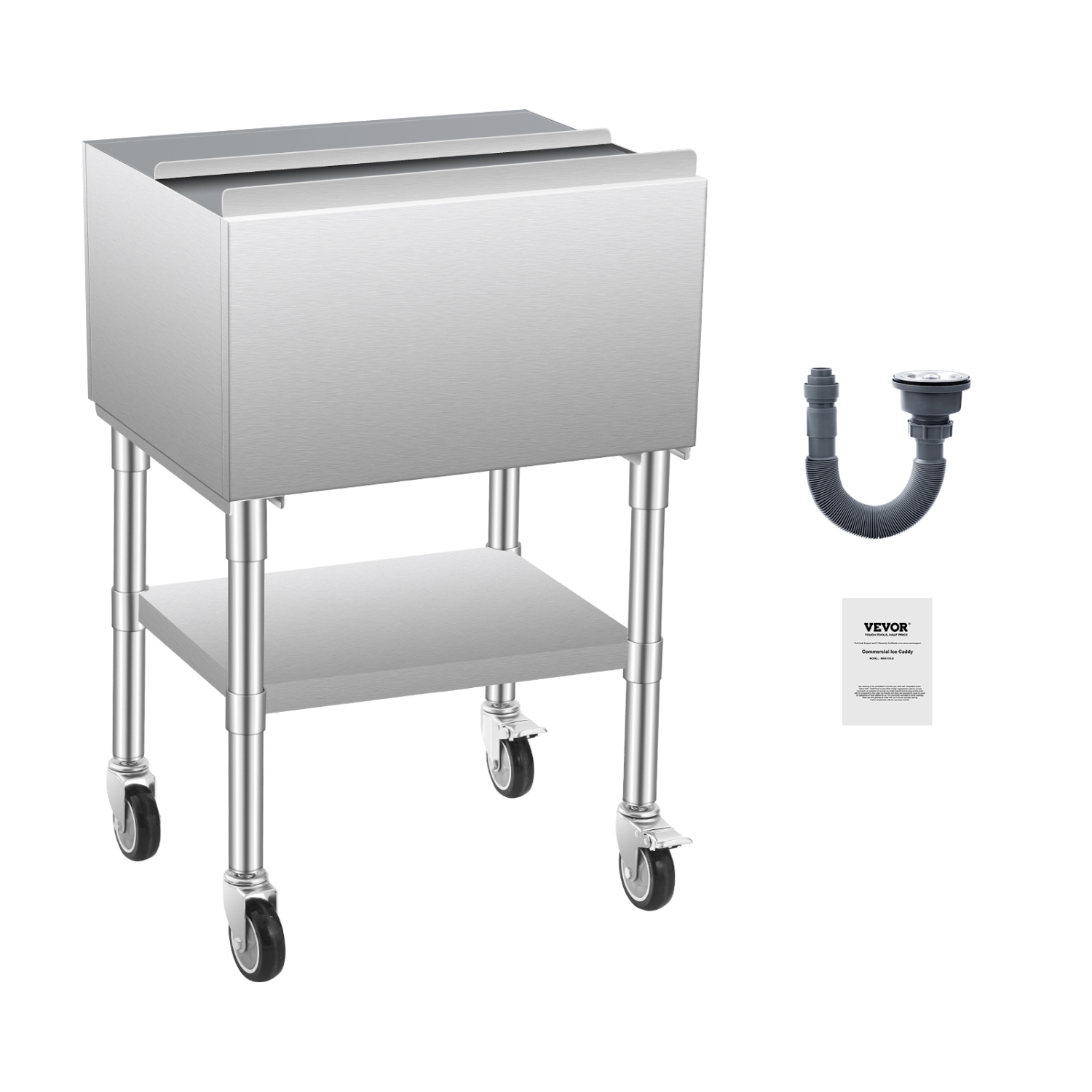 VEVOR 61.6L Commercial Ice Bin, Rolling Ice Chest, 24 x 19.1 x 36.8 in Stainless Steel, with Sliding Lid, Bottom Storage Tray, Adjustable Bullet