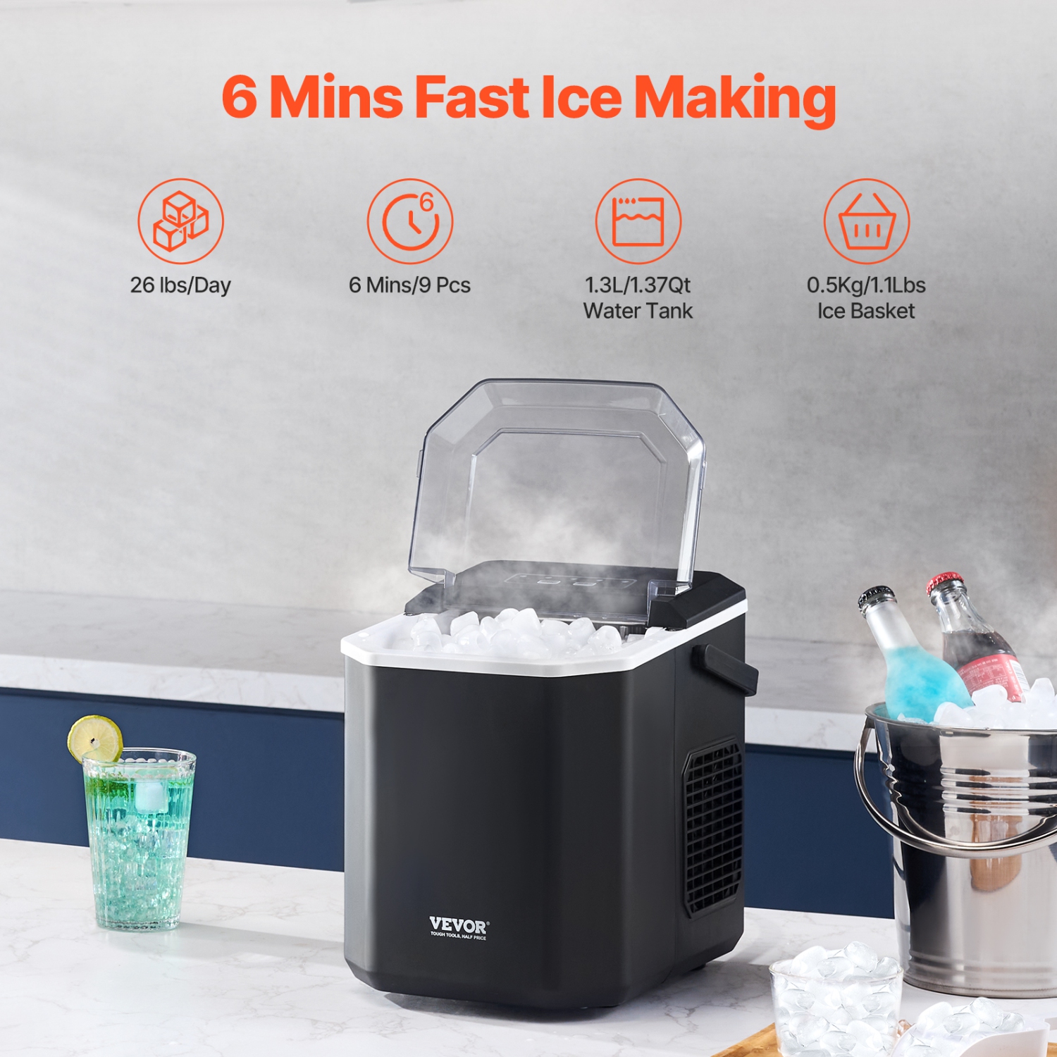 VEVOR 26lbs in 24Hrs Countertop Ice Maker, 9 Cubes Ready in 6 Mins, Self-Cleaning, with Ice Scoop and Basket, Ice Machine with 2 Sizes Bullet Ice for