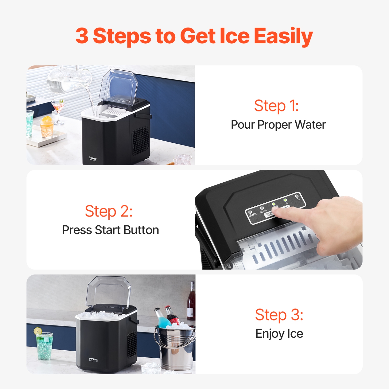 VEVOR 26lbs in 24Hrs Countertop Ice Maker, 9 Cubes Ready in 6 Mins, Self-Cleaning, with Ice Scoop and Basket, Ice Machine with 2 Sizes Bullet Ice for