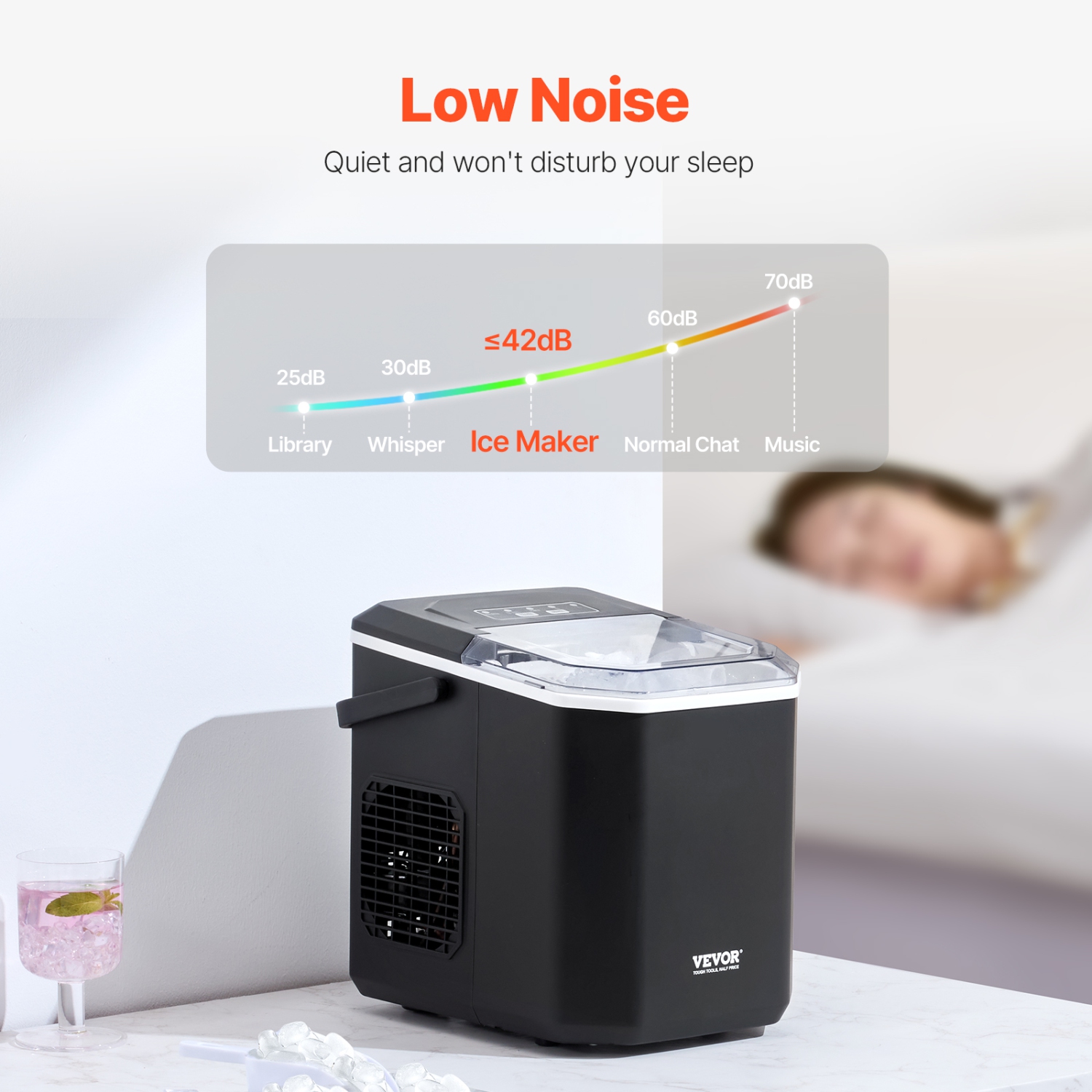 VEVOR 26lbs in 24Hrs Countertop Ice Maker, 9 Cubes Ready in 6 Mins, Self-Cleaning, with Ice Scoop and Basket, Ice Machine with 2 Sizes Bullet Ice for