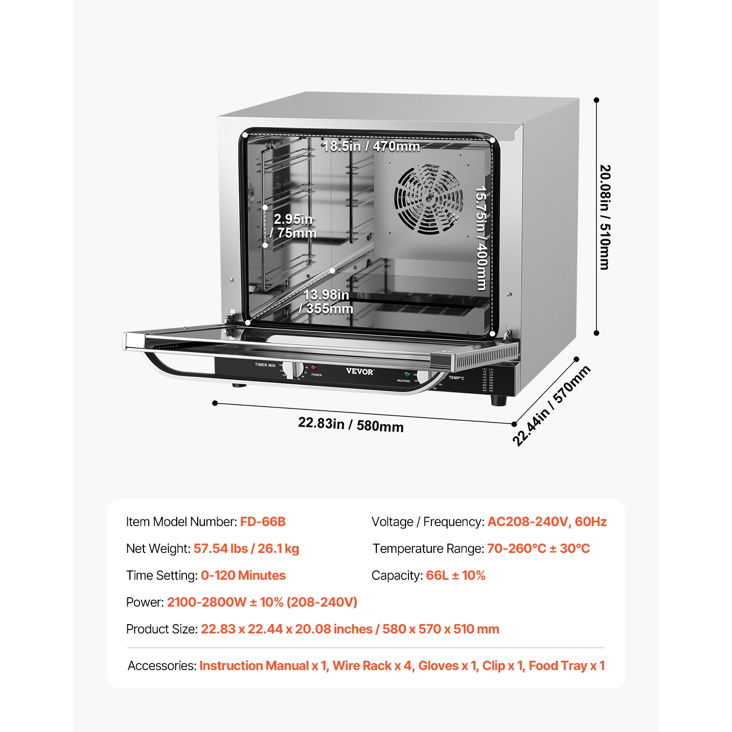 VEVOR 66L Commercial Countertop Oven, 4-Tier Toaster Oven, 2800W Electric Baking Oven with Tempered Glass Door, Wire Racks Clip Tray Gloves,