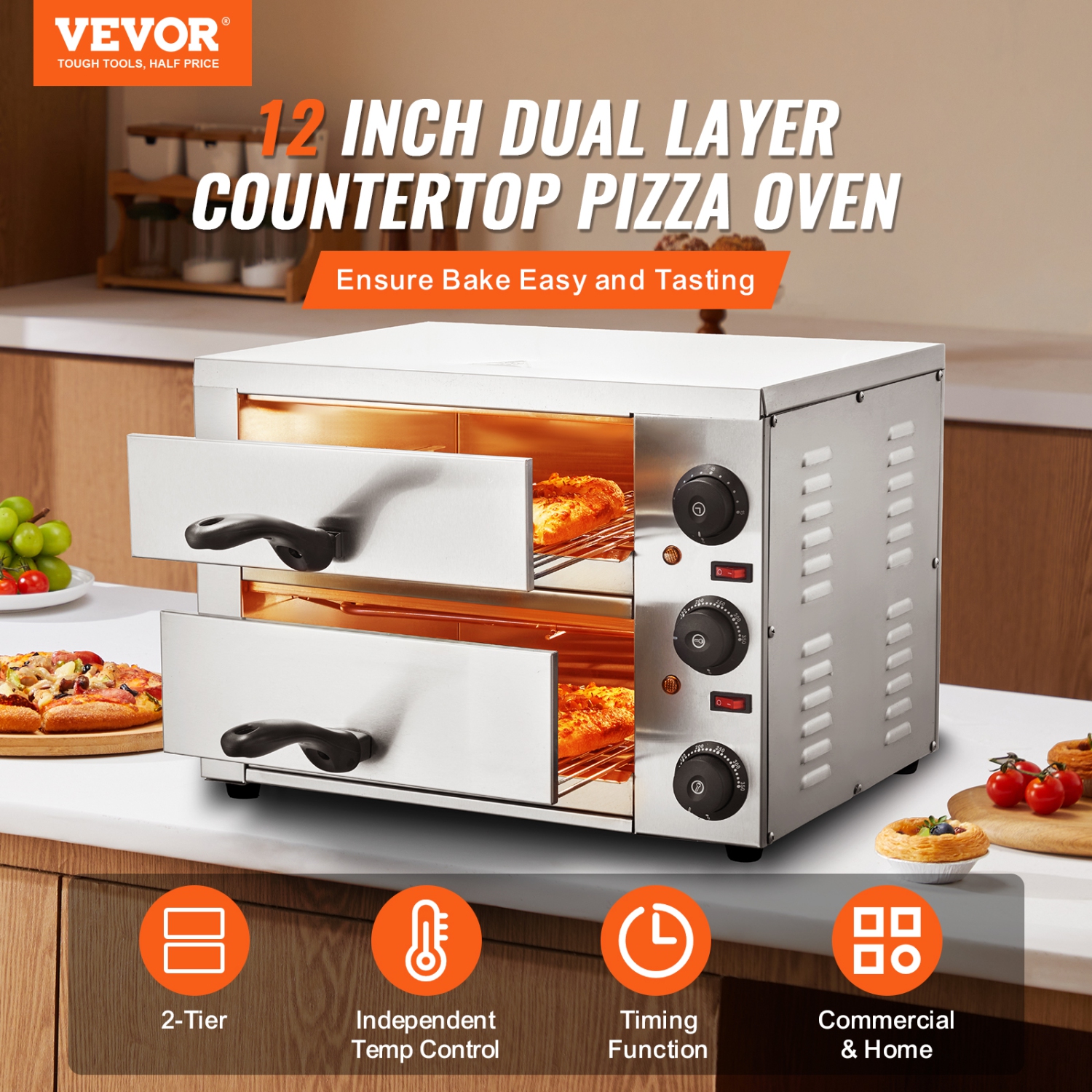 VEVOR 12-inch Electric Pizza Oven for Countertops, 1700W, with Temp Control & 0-120 Min Timer, Even Baking Technology & Easy Clean Crumb Tray, Ideal