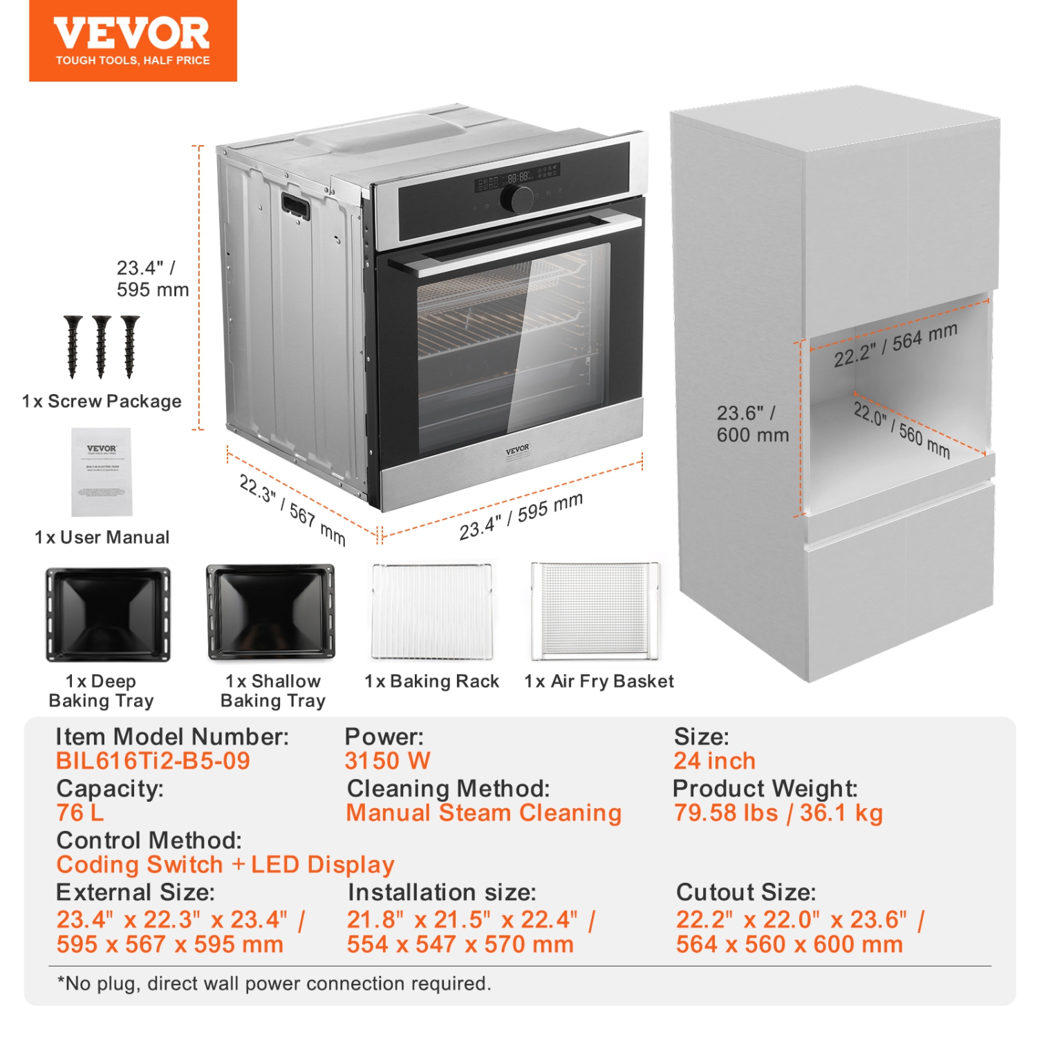 VEVOR 24" Single Wall Oven, Electric Built-in Wall Oven with 16 Cooking Functions, 2.68 Cu.Ft Electric Wall Ovens with Timer, 3150W Electric Oven