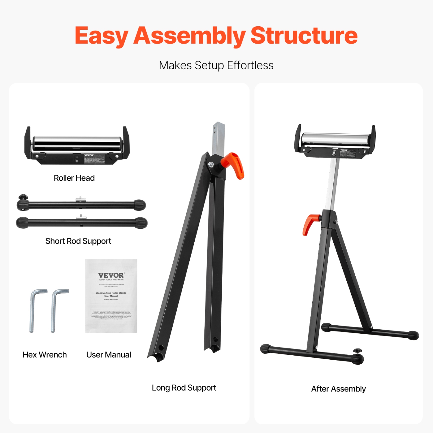 VEVOR 2-Pack Roller Stands, 250 lbs Load Capacity, 27-43 in Adjustable Height, Folding Heavy Duty with Polished Steel Roller Head & Edge Guides, for