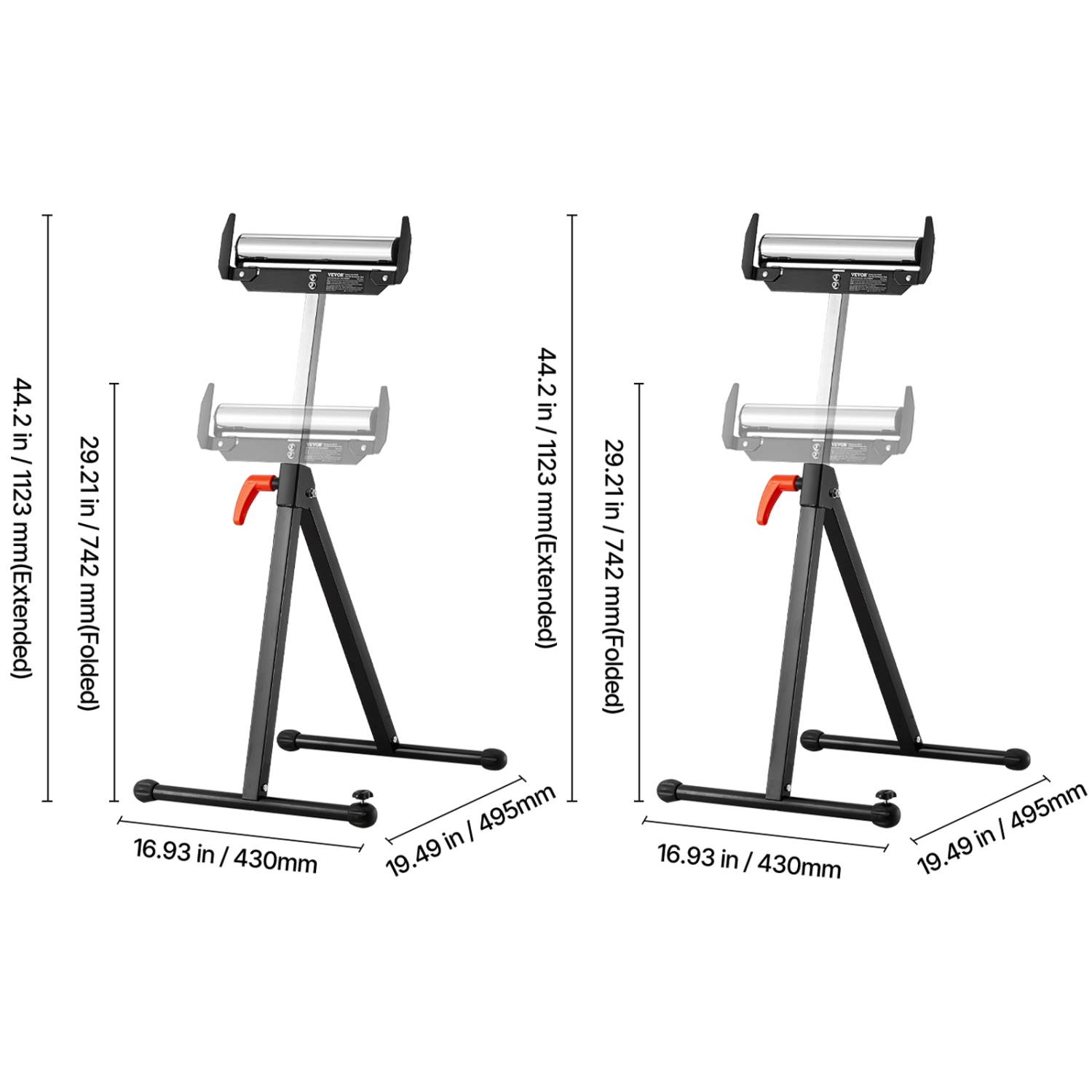 VEVOR 2-Pack Roller Stands, 250 lbs Load Capacity, 27-43 in Adjustable Height, Folding Heavy Duty with Polished Steel Roller Head & Edge Guides, for