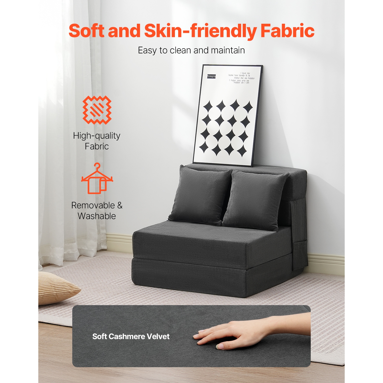 VEVOR 3-in-1 Folding Sofa Bed, Foldable Couch Bed with 2 Pillows and Washable Cover, 25D High Density Memory Foam Convertible Sleeper Chair Bed,