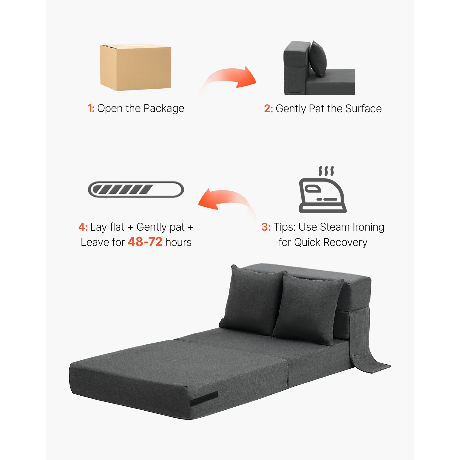 VEVOR 3-in-1 Folding Sofa Bed, Foldable Couch Bed with 2 Pillows and Washable Cover, 25D High Density Memory Foam Convertible Sleeper Chair Bed,