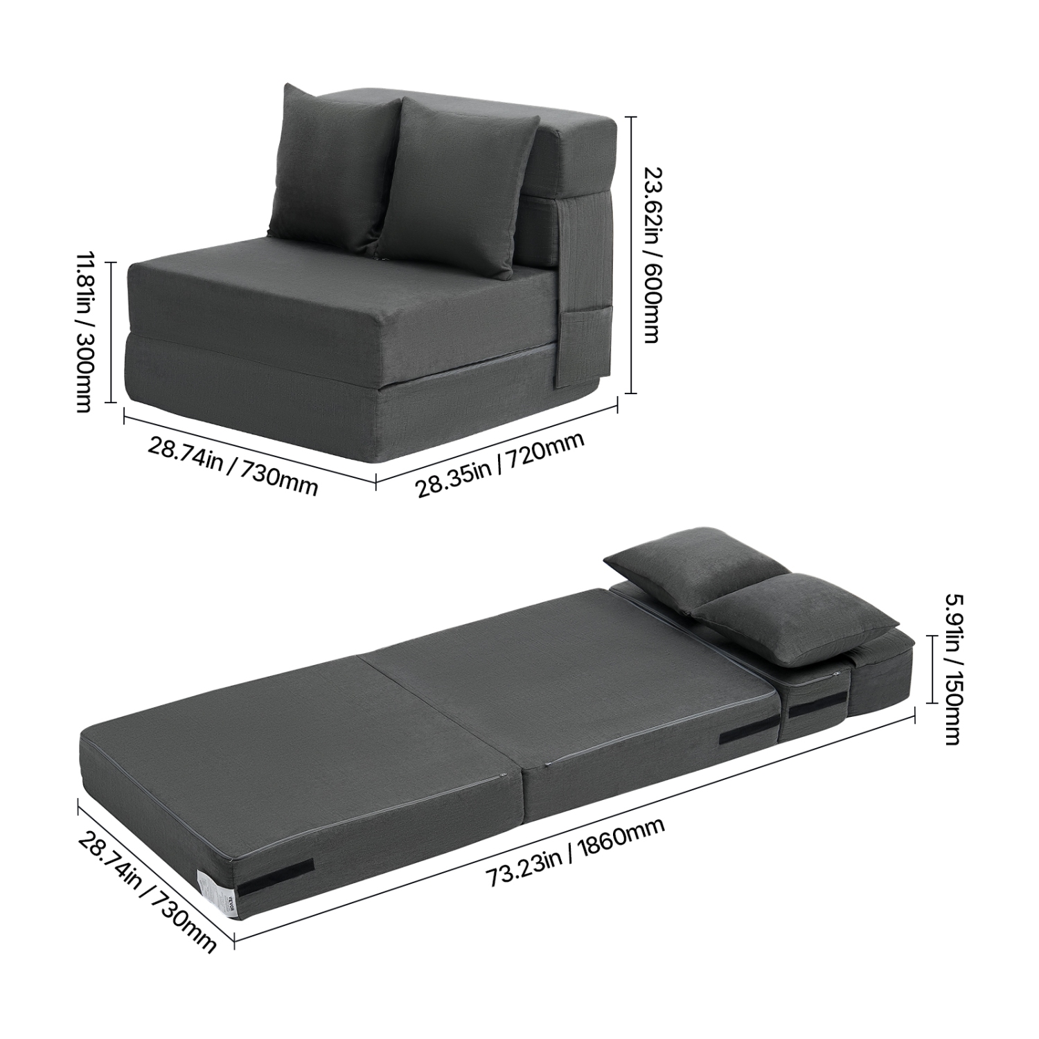VEVOR 3-in-1 Folding Sofa Bed, Foldable Couch Bed with 2 Pillows and Washable Cover, 25D High Density Memory Foam Convertible Sleeper Chair Bed,