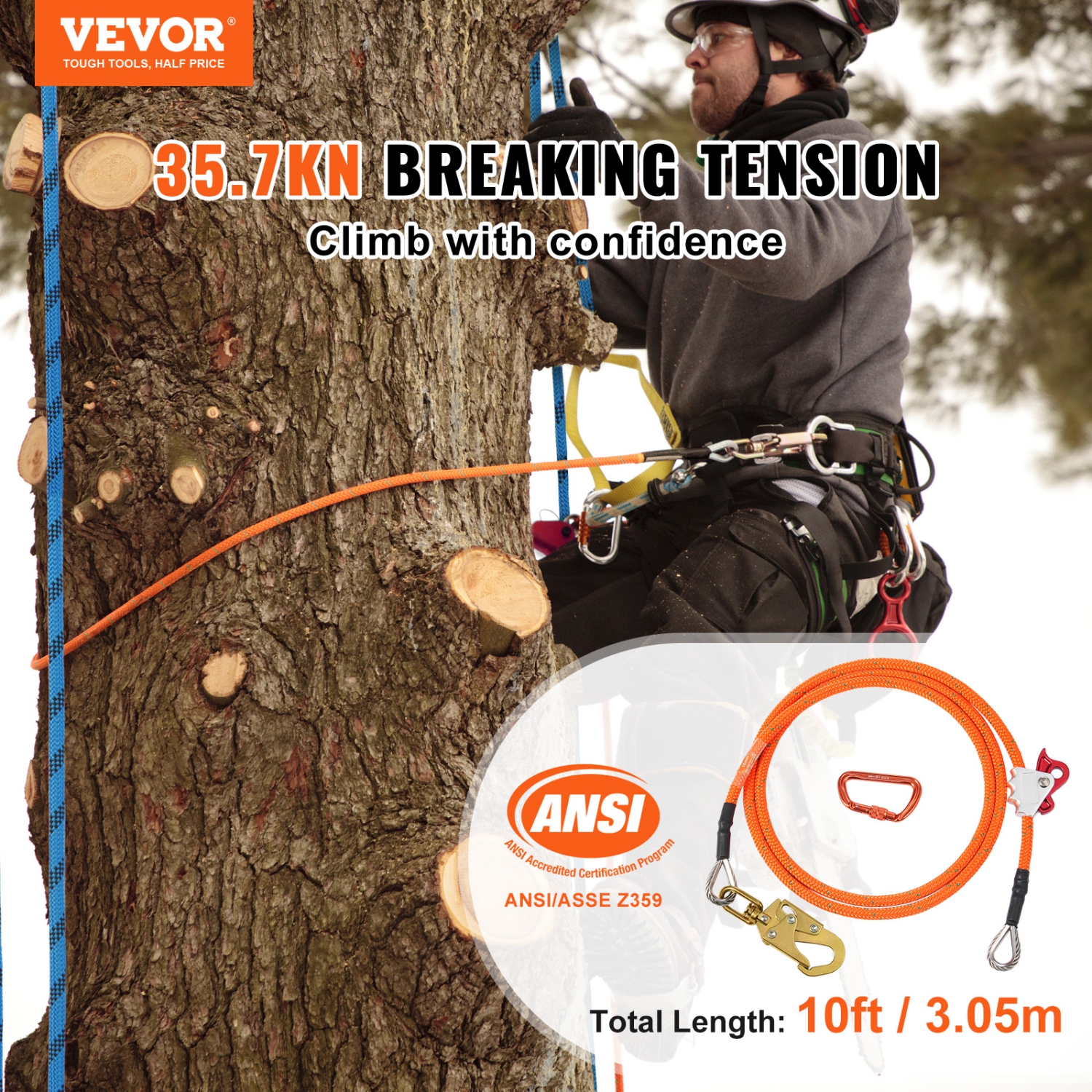 VEVOR 12.7mm Steel Core Flipline,10ft(3m) Arborist Flipline,Flip Line for Tree Climbing with Alloy Steel Snap Hook & Aluminum Alloy Carabiner,30KN