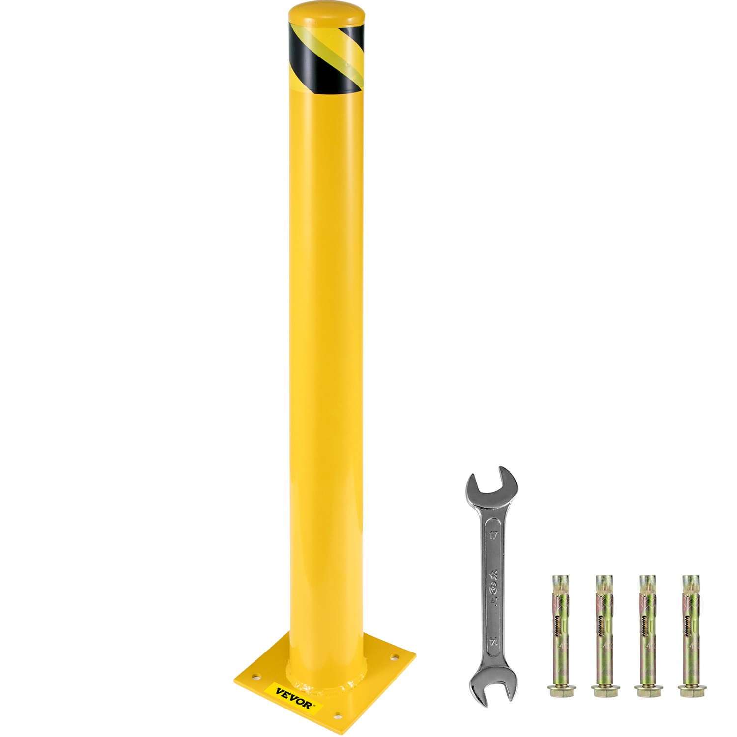 VEVOR 48"x4.5" Safety Bollard, Safety Barrier Bollard 4-1/2" OD 48" Height Yellow Powder Coat Pipe Steel Safety Barrier with 4 Free Anchor Bolts for
