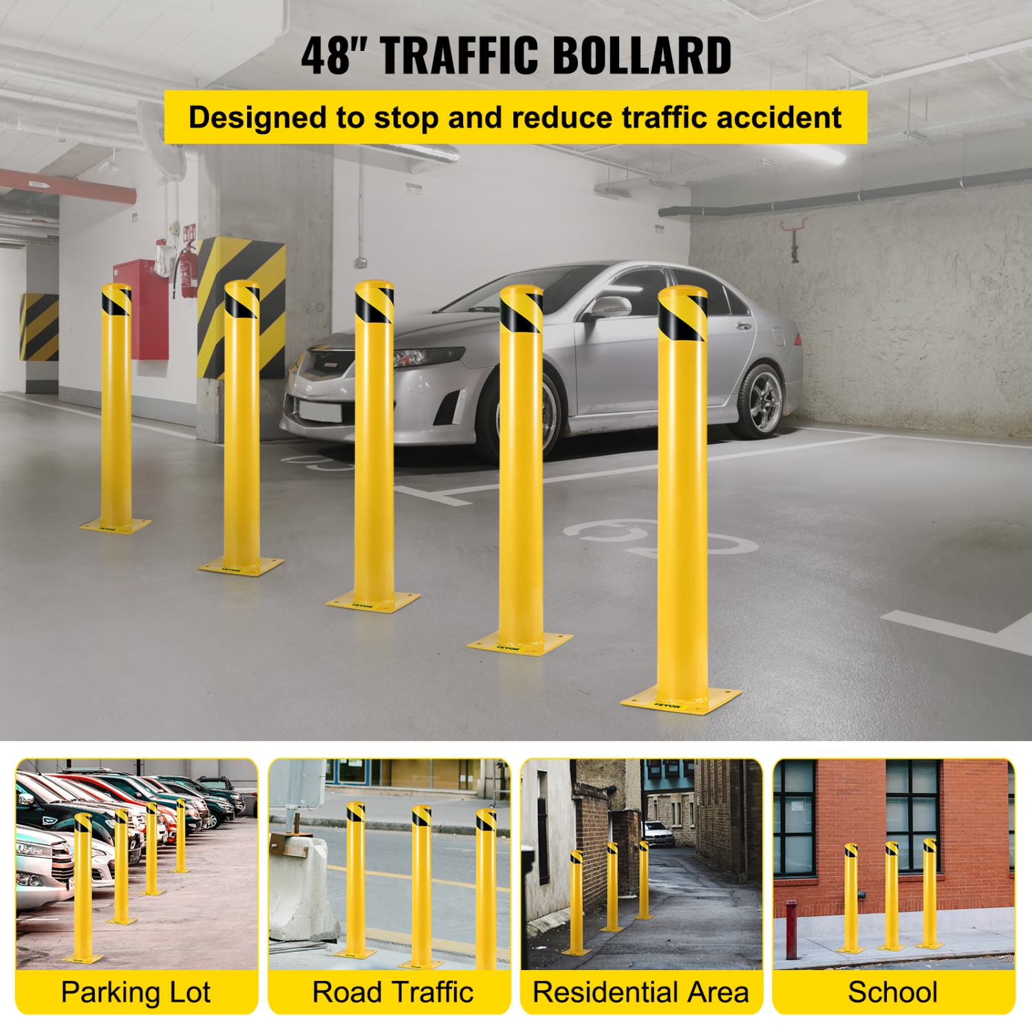 VEVOR 48"x4.5" Safety Bollard, Safety Barrier Bollard 4-1/2" OD 48" Height Yellow Powder Coat Pipe Steel Safety Barrier with 4 Free Anchor Bolts for
