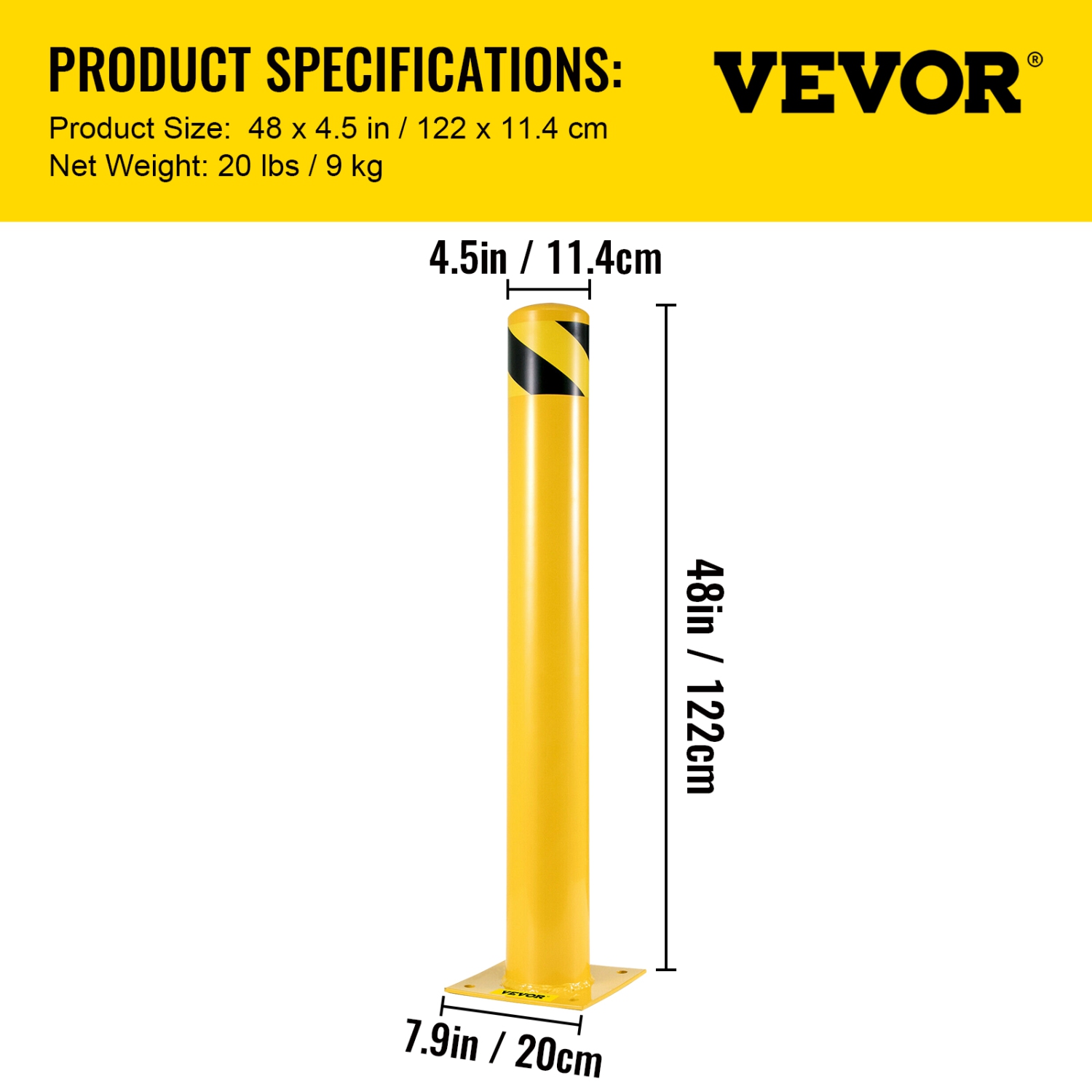 VEVOR 48"x4.5" Safety Bollard, Safety Barrier Bollard 4-1/2" OD 48" Height Yellow Powder Coat Pipe Steel Safety Barrier with 4 Free Anchor Bolts for