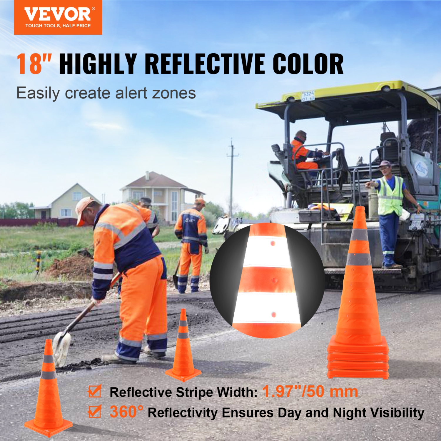 VEVOR 4 Pack Safety Cones, 28 inch Collapsible Traffic Cones, Construction Cones with Reflective Collars, Wide Base and A Storage Bag, for Traffic