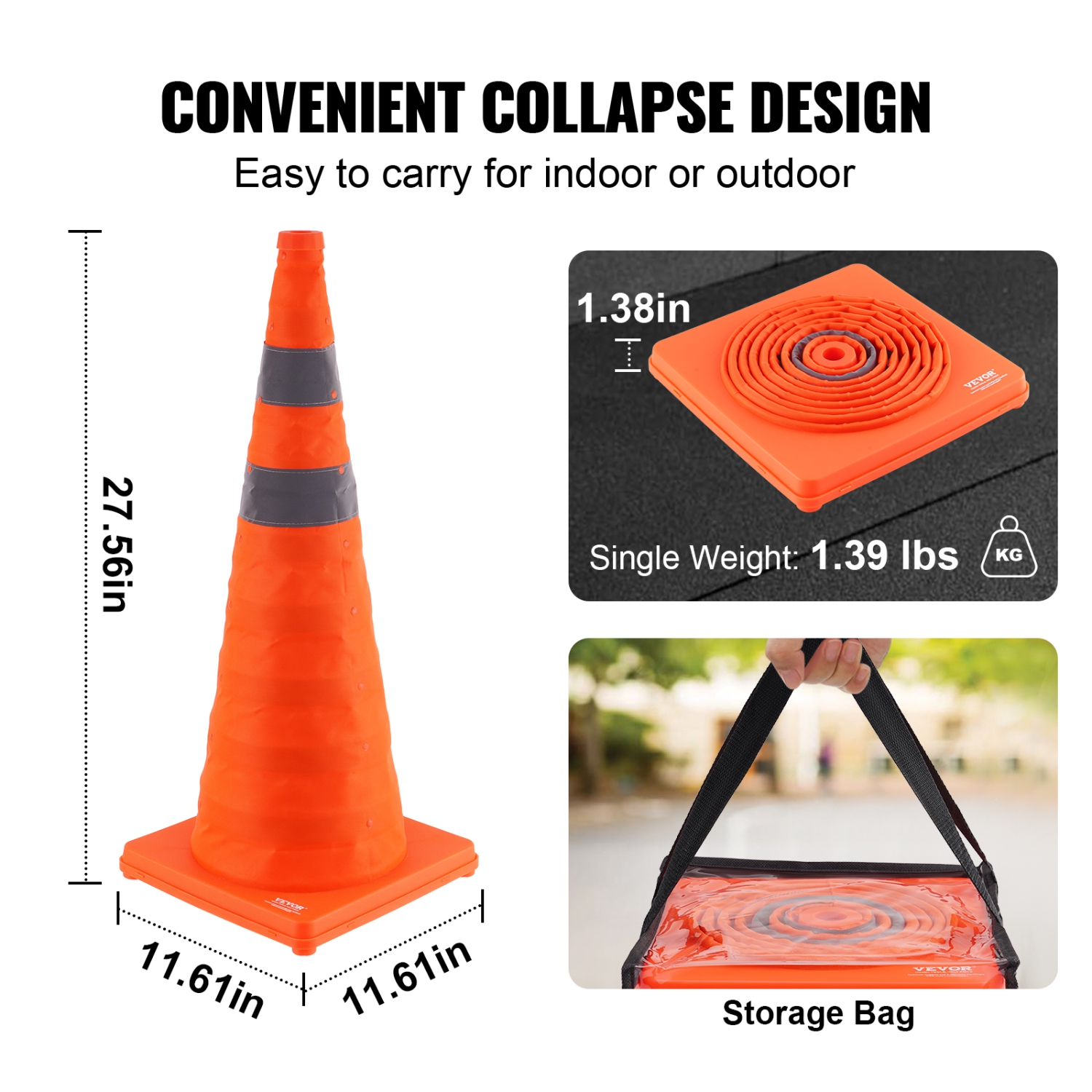 VEVOR 4 Pack Safety Cones, 28 inch Collapsible Traffic Cones, Construction Cones with Reflective Collars, Wide Base and A Storage Bag, for Traffic