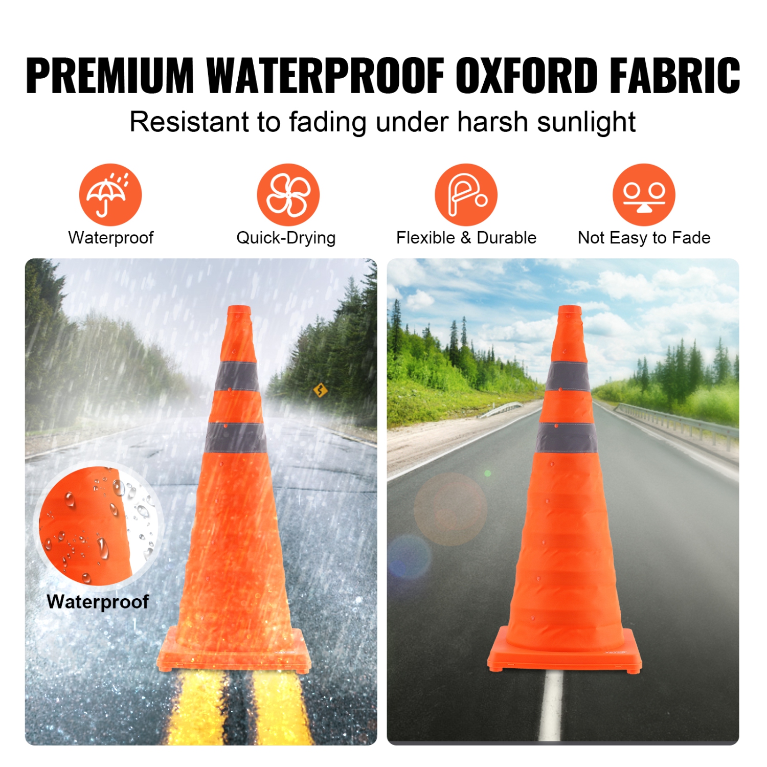 VEVOR 4 Pack Safety Cones, 28 inch Collapsible Traffic Cones, Construction Cones with Reflective Collars, Wide Base and A Storage Bag, for Traffic