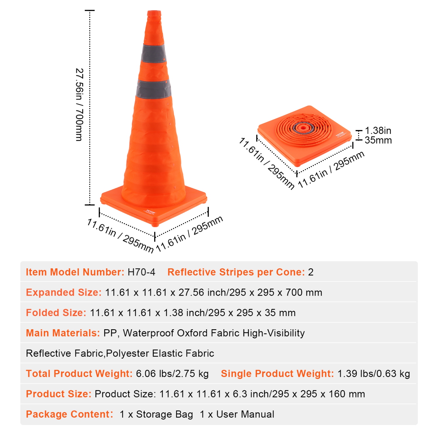 VEVOR 4 Pack Safety Cones, 28 inch Collapsible Traffic Cones, Construction Cones with Reflective Collars, Wide Base and A Storage Bag, for Traffic