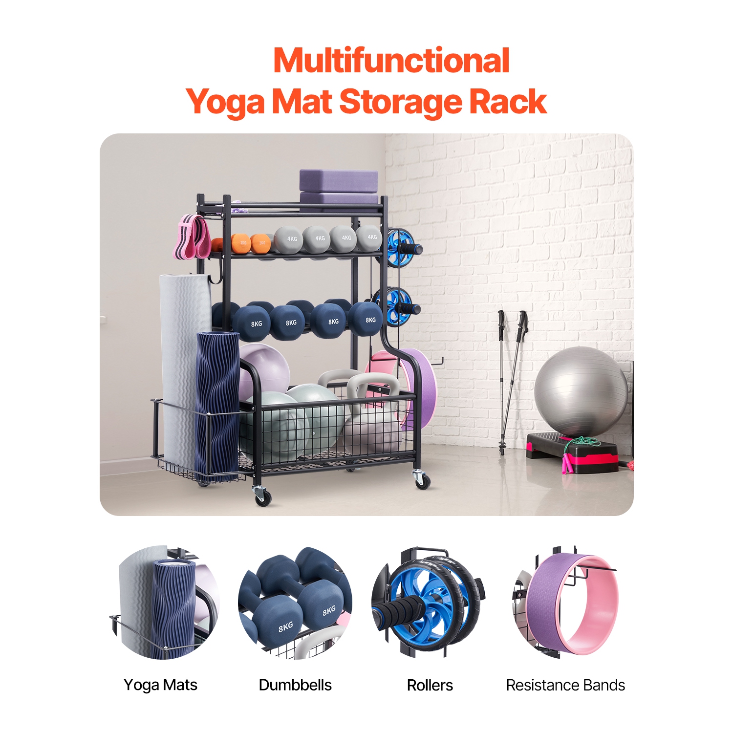 VEVOR Yoga Mat Storage Rack,Powder Coated Finish Steel Yoga Mat Holder, Home Gym Workout Equipment Organizer with Hooks & Wheels,Weight Rack for Foam