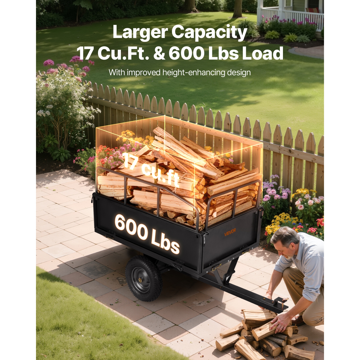 VEVOR 17 Cu. Ft Garden Utility Trailer, 600lbs Capacity, ATV UTV Hauling Trailer, Tow Behind Steel Dump Cart with 16" Tires, Hand Pull or Foot Pedal,