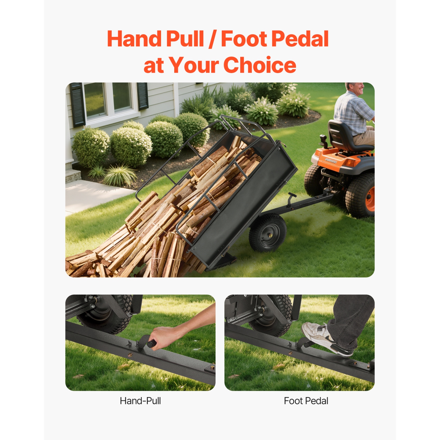 VEVOR 17 Cu. Ft Garden Utility Trailer, 600lbs Capacity, ATV UTV Hauling Trailer, Tow Behind Steel Dump Cart with 16" Tires, Hand Pull or Foot Pedal,