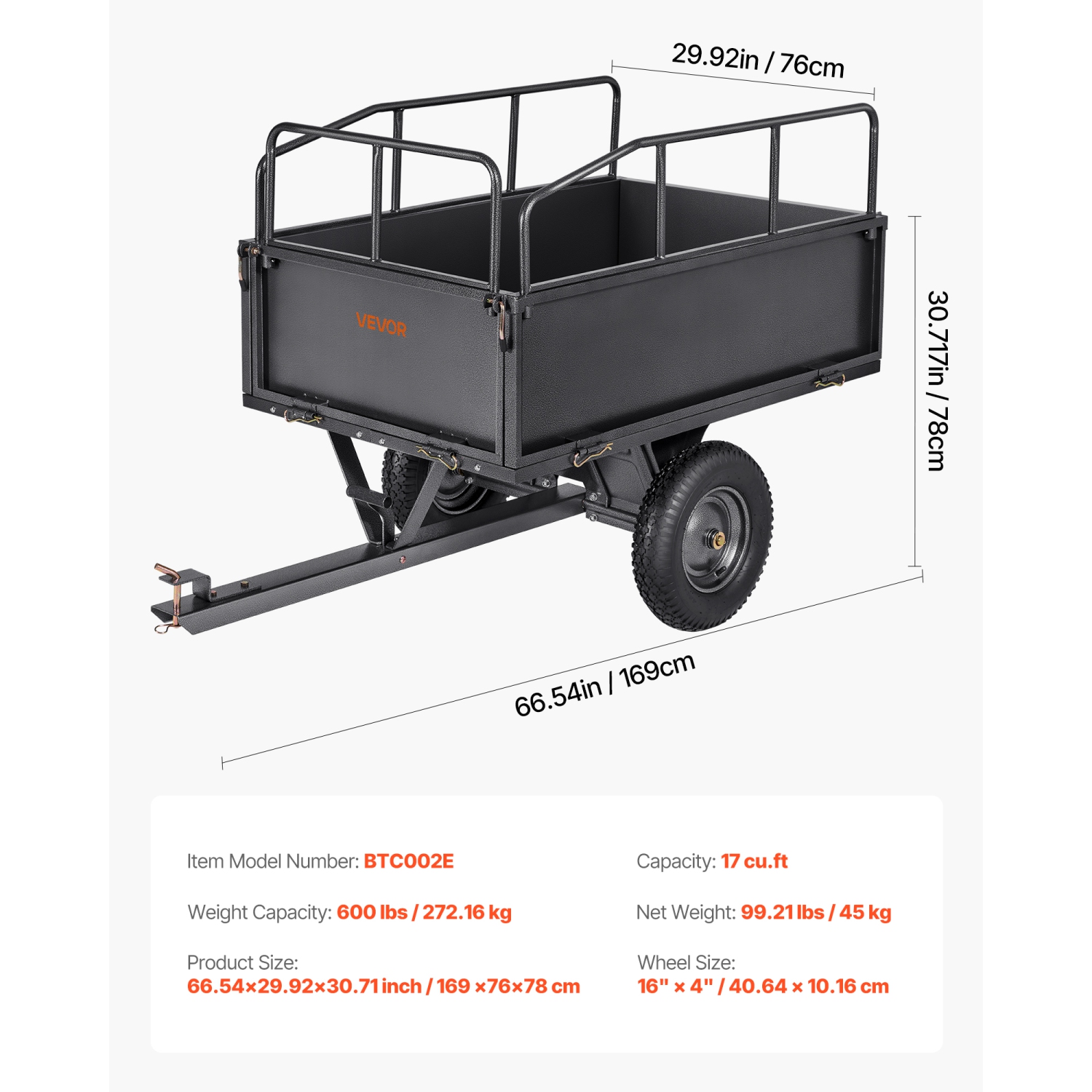 VEVOR 17 Cu. Ft Garden Utility Trailer, 600lbs Capacity, ATV UTV Hauling Trailer, Tow Behind Steel Dump Cart with 16" Tires, Hand Pull or Foot Pedal,