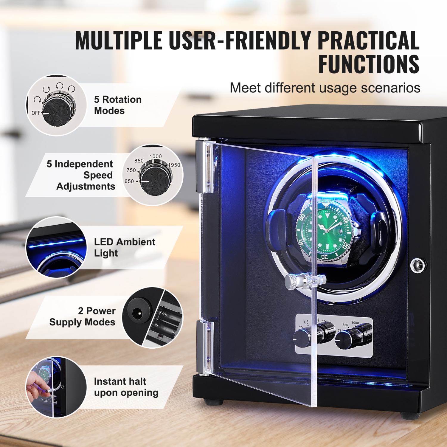 VEVOR Watch Winder, Single Watch Winder for Men's and Women's Watch, with Super Quiet Japanese Mabuchi Motor, Blue LED Light and Adapter,