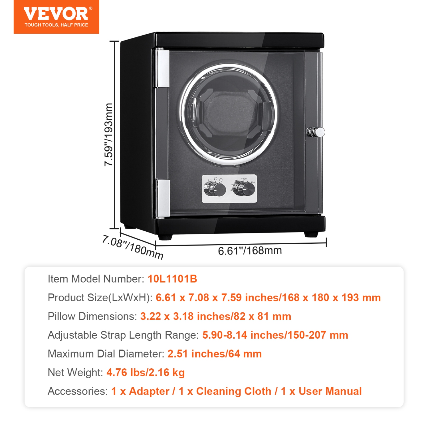 VEVOR Watch Winder, Single Watch Winder for Men's and Women's Watch, with Super Quiet Japanese Mabuchi Motor, Blue LED Light and Adapter,
