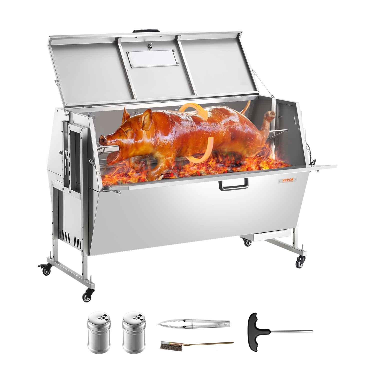 VEVOR 60W Rotisserie Grill with Hooded Cover, 56 Inch Pig Lamb Goat Rotisserie Grill Roaster, 286Lbs Capacity, Stainless Steel Charcoal Spit Roaster
