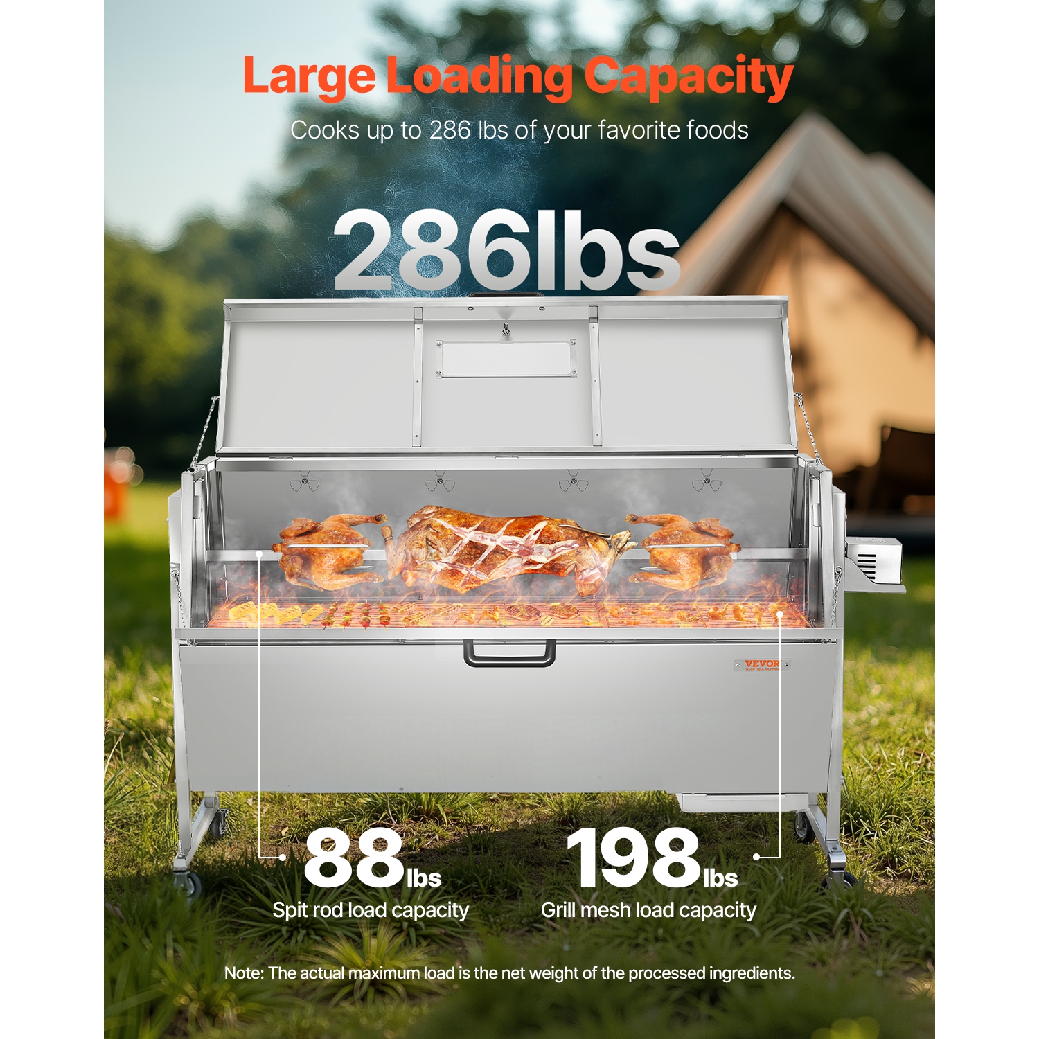 VEVOR 60W Rotisserie Grill with Hooded Cover, 56 Inch Pig Lamb Goat Rotisserie Grill Roaster, 286Lbs Capacity, Stainless Steel Charcoal Spit Roaster