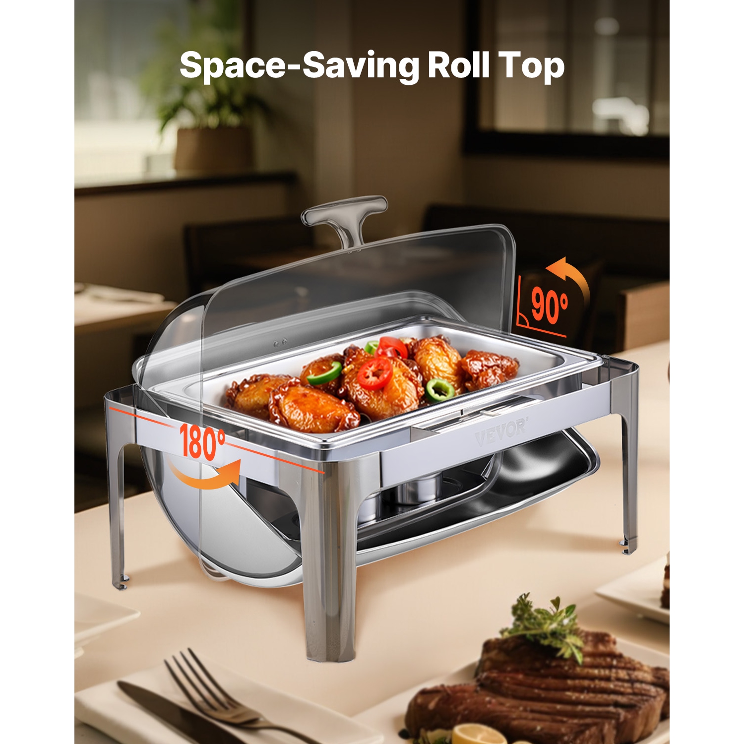 VEVOR 9Qt Roll Top Chafing Dish Buffet Complete Set, Stainless Steel Chafer with Full Size Pan, Rectangle Catering Warmer Server with Lid Water Pan