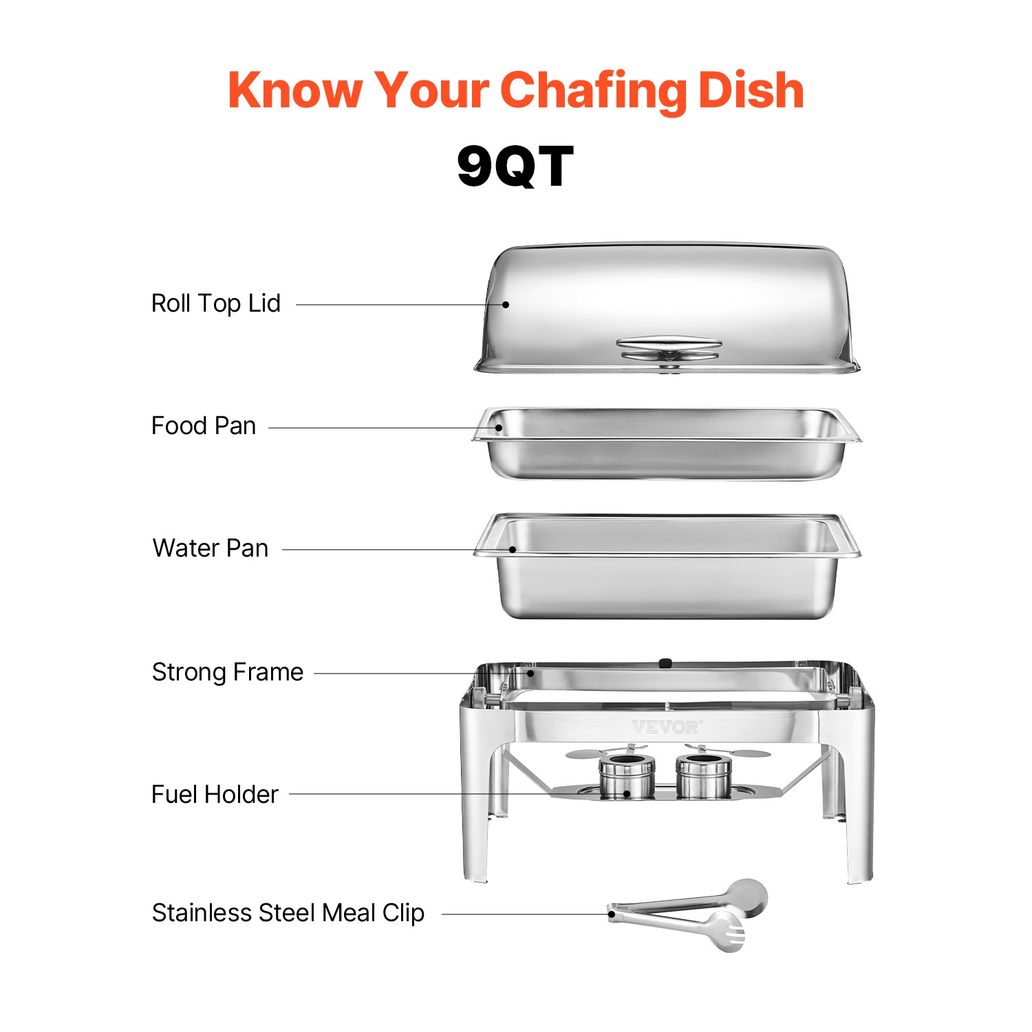 VEVOR 9Qt Roll Top Chafing Dish Buffet Complete Set, Stainless Steel Chafer with Full Size Pan, Rectangle Catering Warmer Server with Lid Water Pan