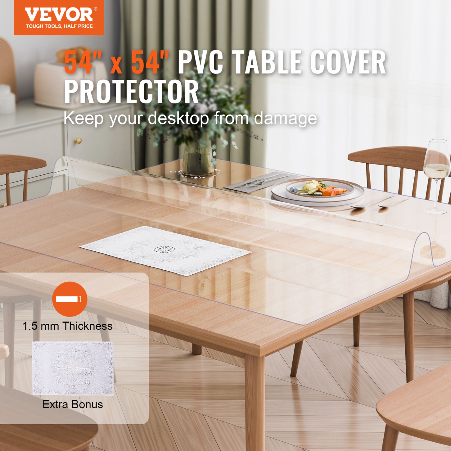 VEVOR 54 x 54 Inch 1.5 mm Plastic Table Cover, Thick Clear Table Protector, Square PVC Desk Mat, Waterproof & Easy Cleaning Desk Pad Tablecloth, for