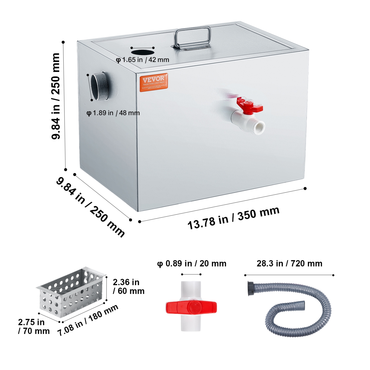 VEVOR 8 LBS Commercial Grease Trap, Grease Interceptor, Top Inlet Interceptor, Under Sink Stainless Steel Grease Trap, 2.8 GPM Waste Water Oil-water