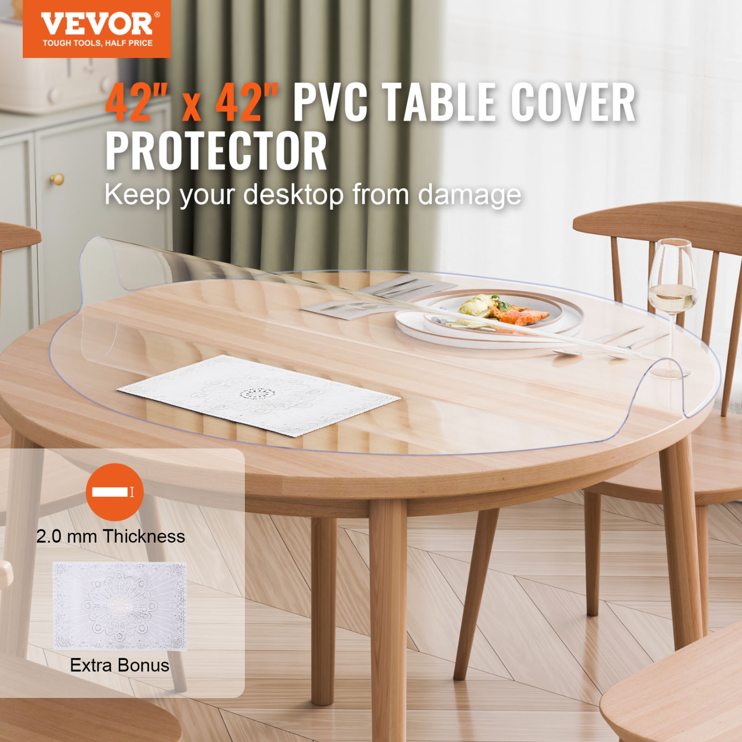 VEVOR 42 x 42 Inch 2.0 mm Plastic Table Cover, Thick Clear Table Protector, Round PVC Desk Mat, Waterproof & Easy Cleaning Desk Pad Tablecloth, for