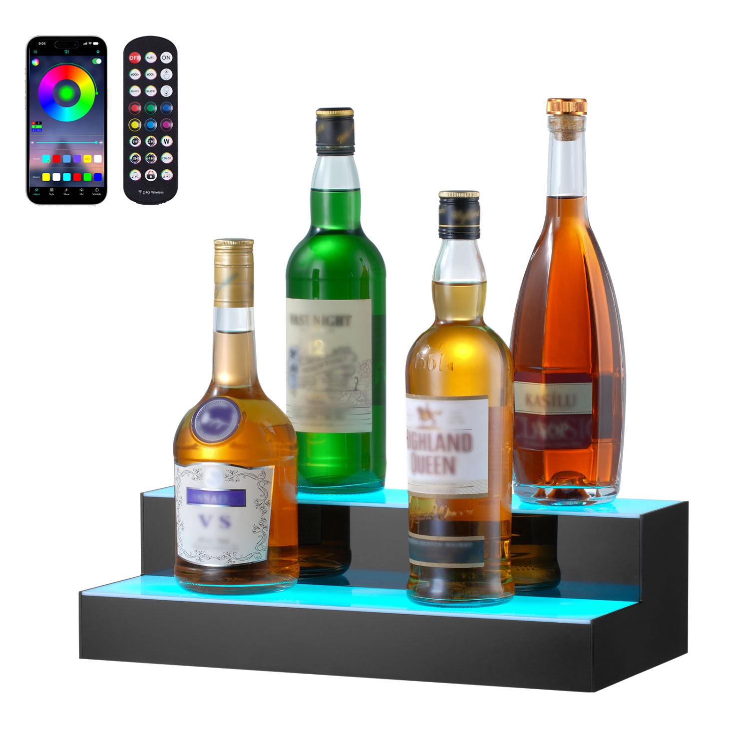 VEVOR 2 Tiers 16 Inch LED Lighted Liquor Bottle Display, Commercial Illuminated Home Bar Shelf, 2 Steps Whiskey Rack Stand, Acrylic Drink Shelves