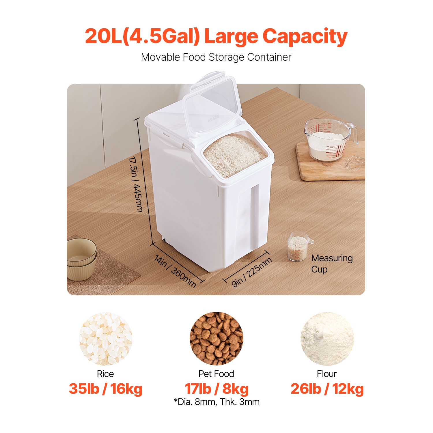 VEVOR 4.5Gallon/20L Capacity Rice Storage Container, Large Dog Food Dispenser Bin, Kitchen Ingredient Grain Cereal Flour Bin, Pet food Containers