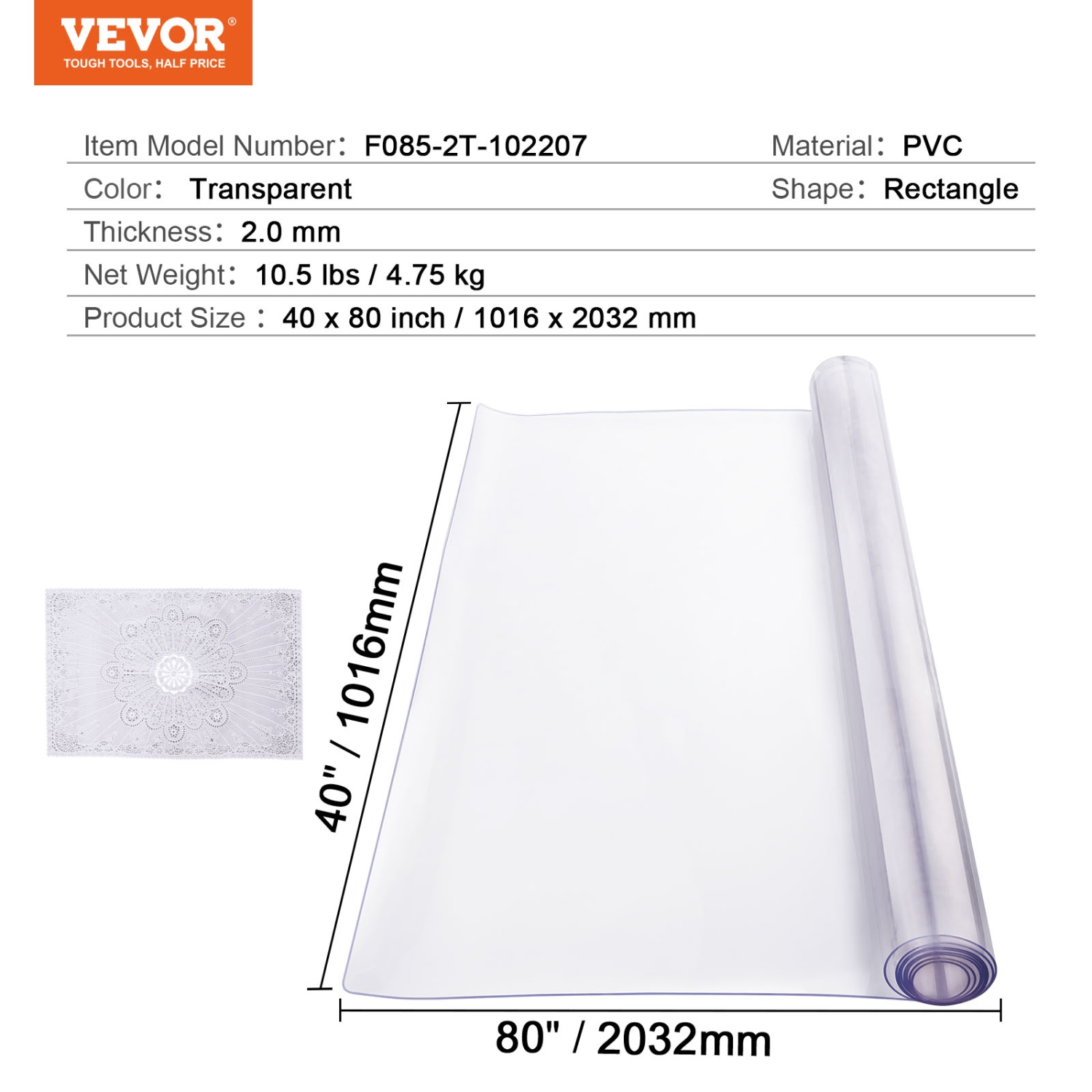 Housse de table en plastique 2,0&nbsp;mm de 40 x 80&nbsp;po de VEVOR, protecteur de table transparent épais, tapis de bureau rectangulaire en PVC,