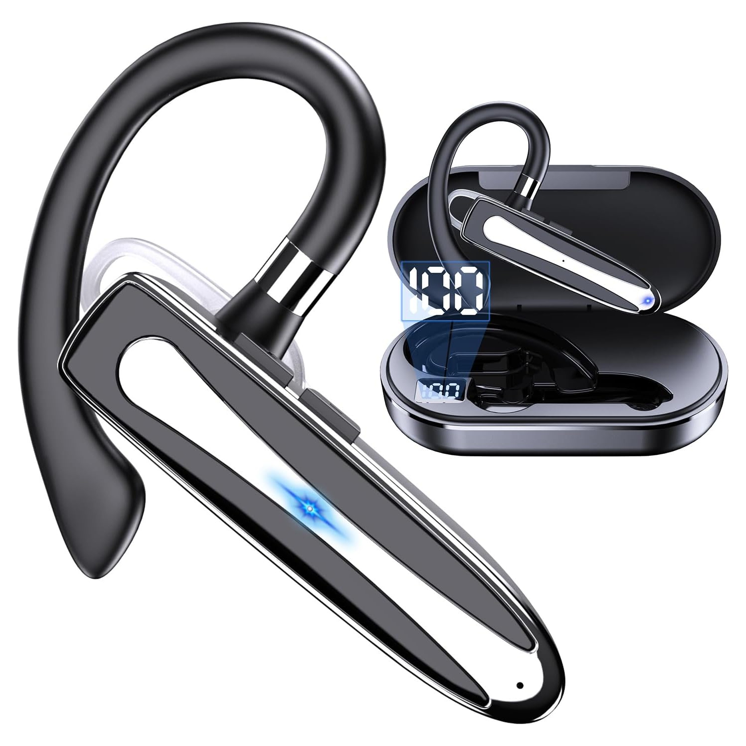 Oreillette Bluetooth à une oreille, écouteur sans fil avec étui de chargement, écouteurs mains libres micro à suppression du bruit pour la conduite